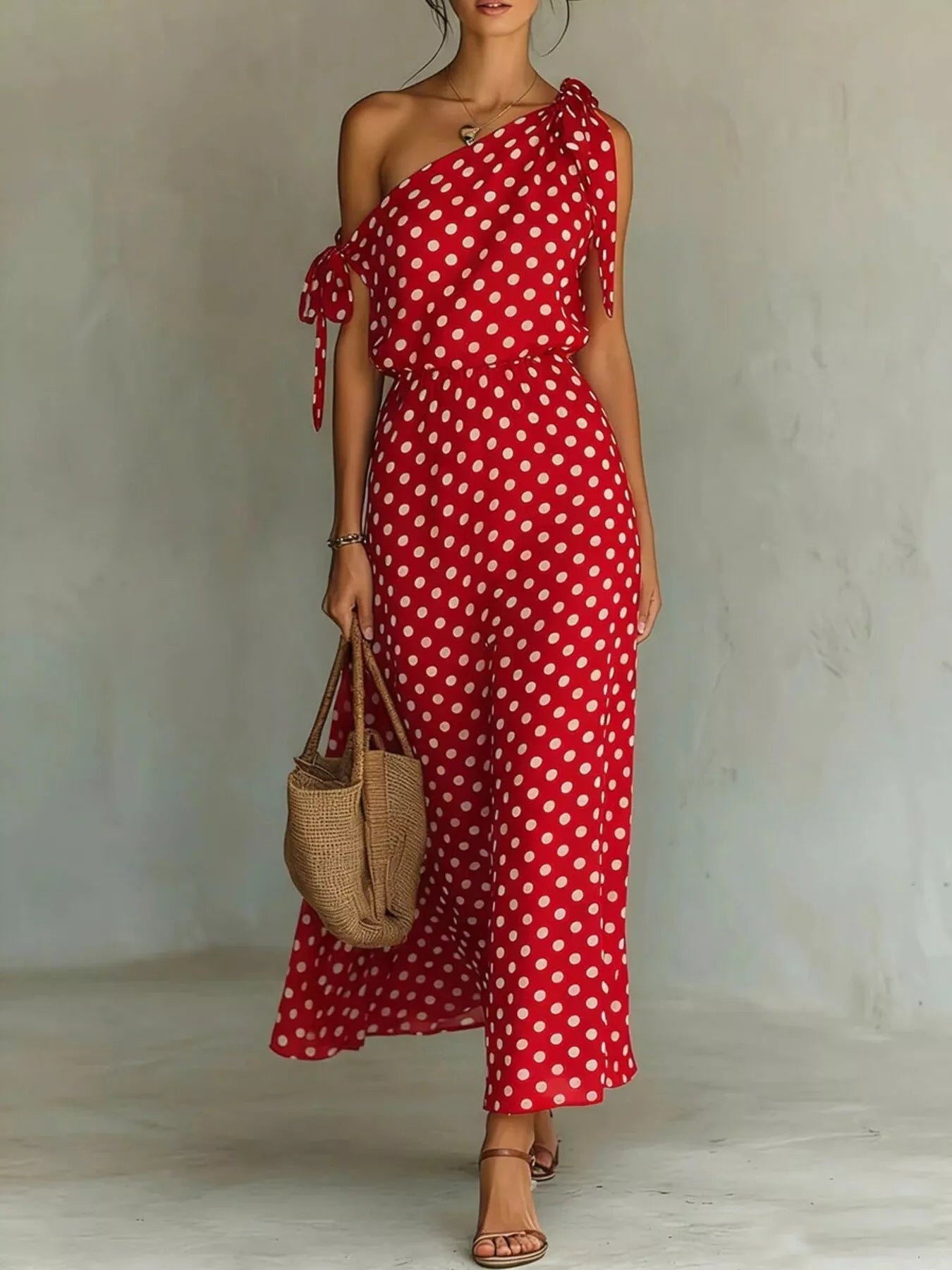 Full Size Polka Dot One-Shoulder Maxi Dress with Tie Details Plus Size