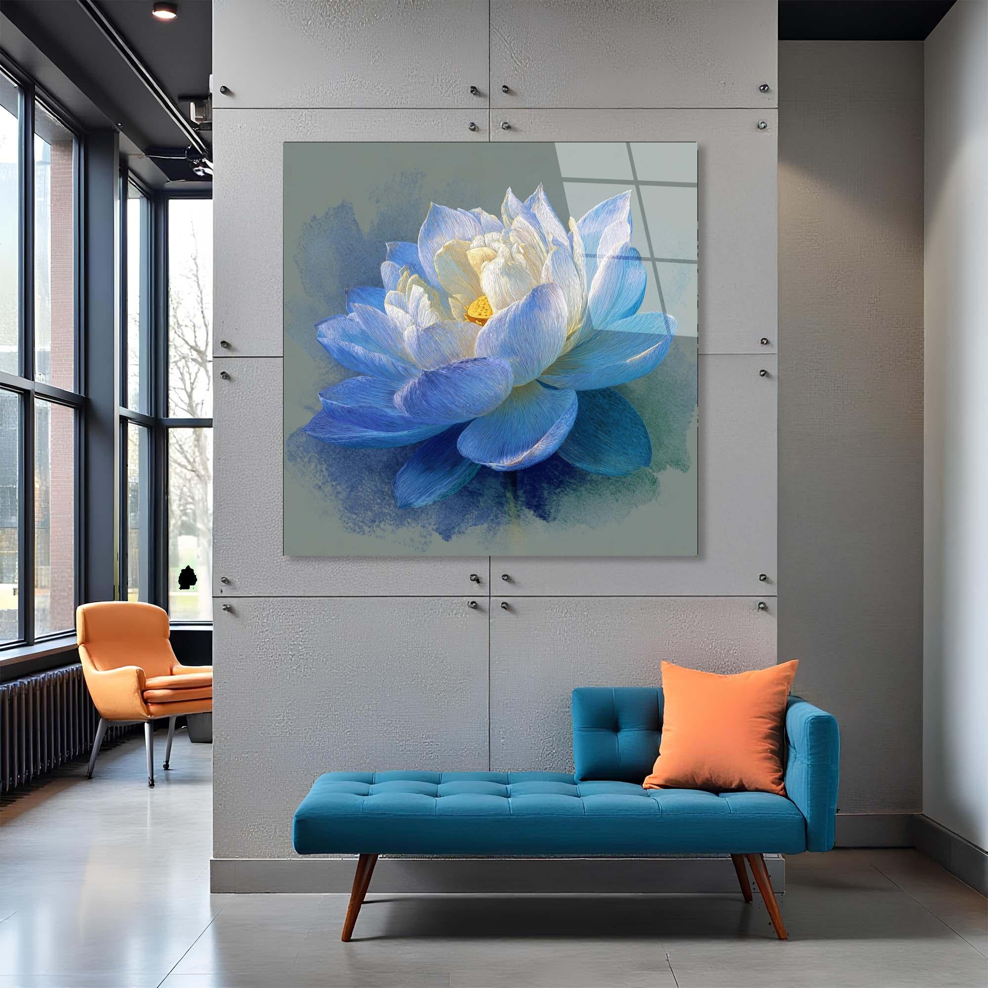 Blue Lotus Tempered Glass Wall Art | Zen Floral Home Decor