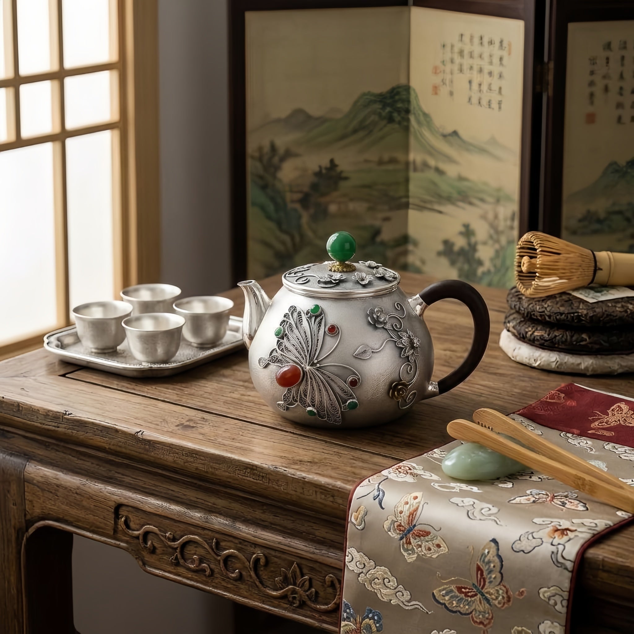 Pure 999 Fine Silver Silver Filigree Teapot with Butterfly Motif and Vibrant Gemstone Embellishments - Handicraft