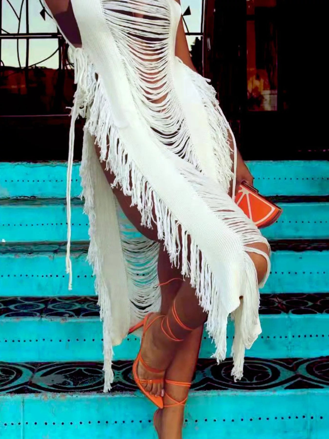 Fringe Split Square Neck Midi Dress