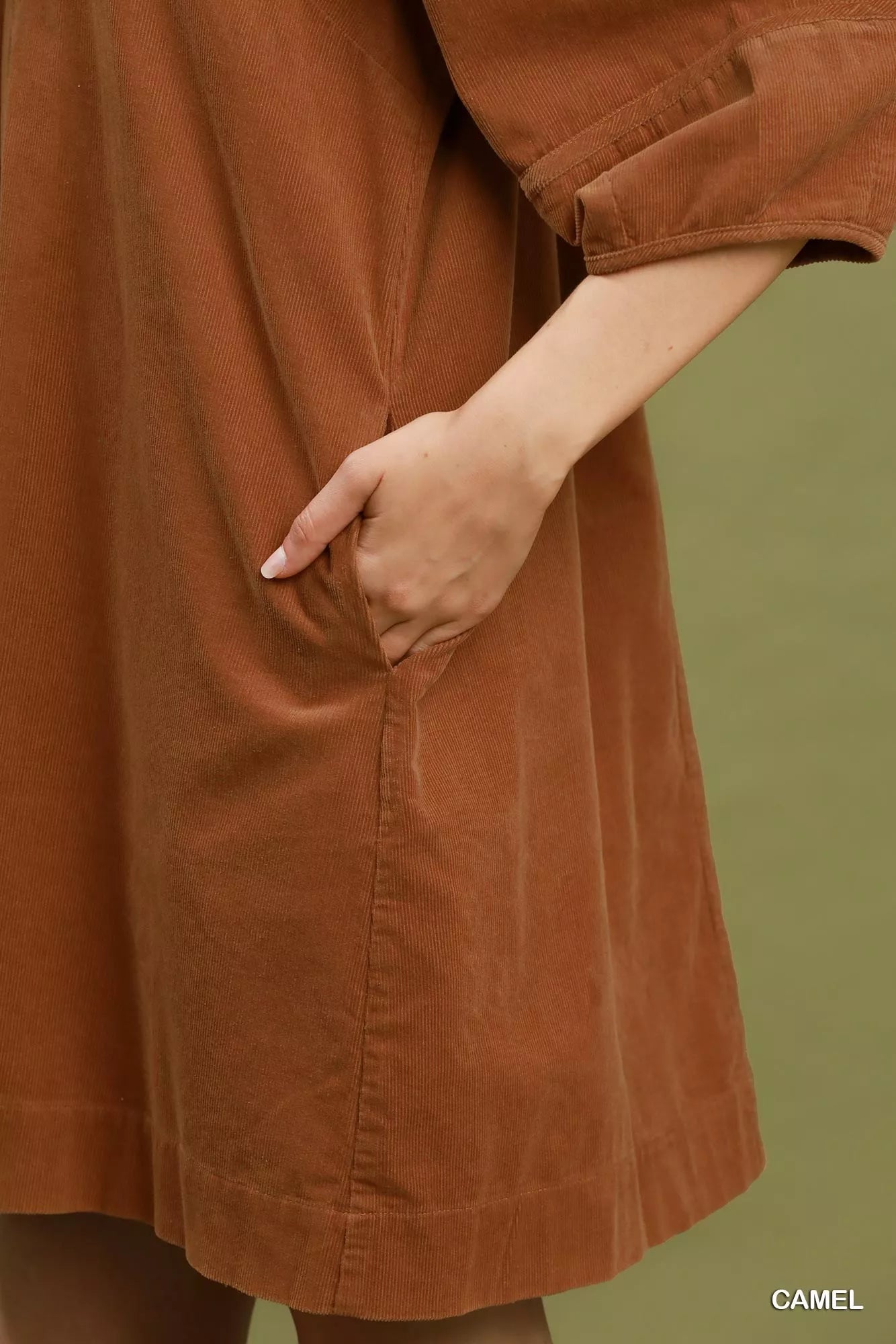 Umgee Corduroy V-Neck Puff Sleeve Shift Dress with Pockets
