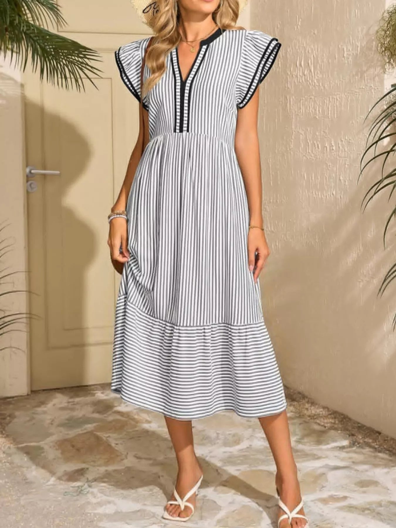 Striped Ruffle Sleeve Midi Dress