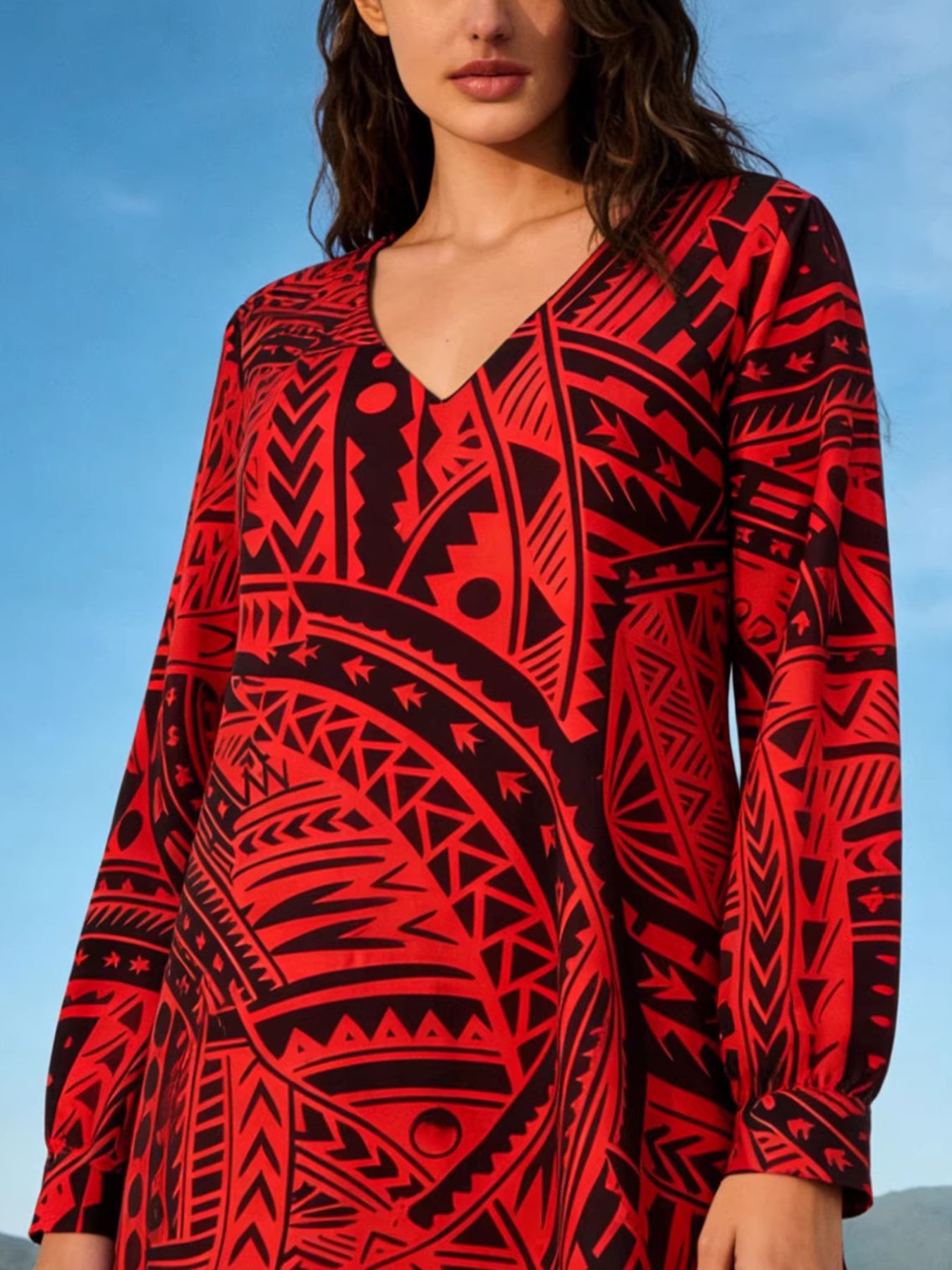 Tribal Print V-Neck Long Sleeve Dress