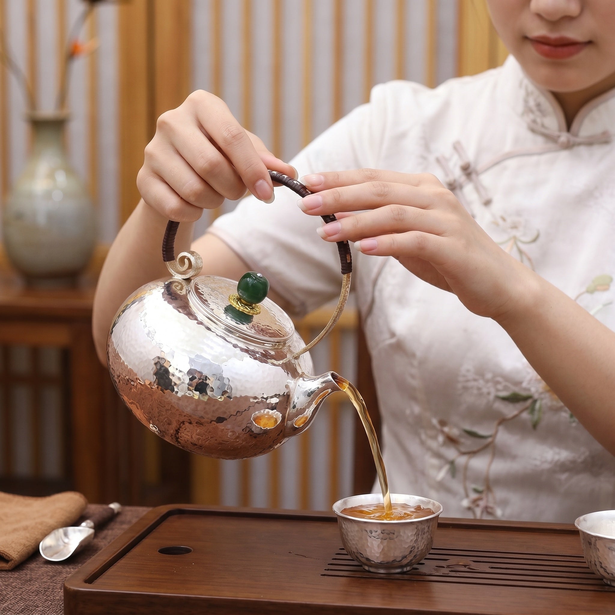 925 Sterling Silver Elegant Hammered Metal Teapot with Two-Tone Finish and Woven Handle-Fine large teapot - Handicraft
