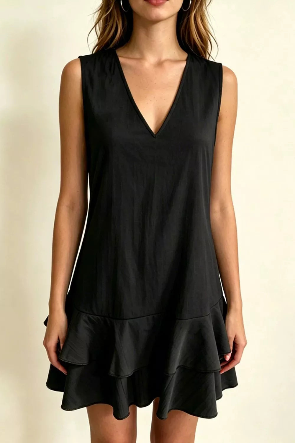 Full Size Sleeveless V-Neck Ruffle Hem Mini Dress Plus Size