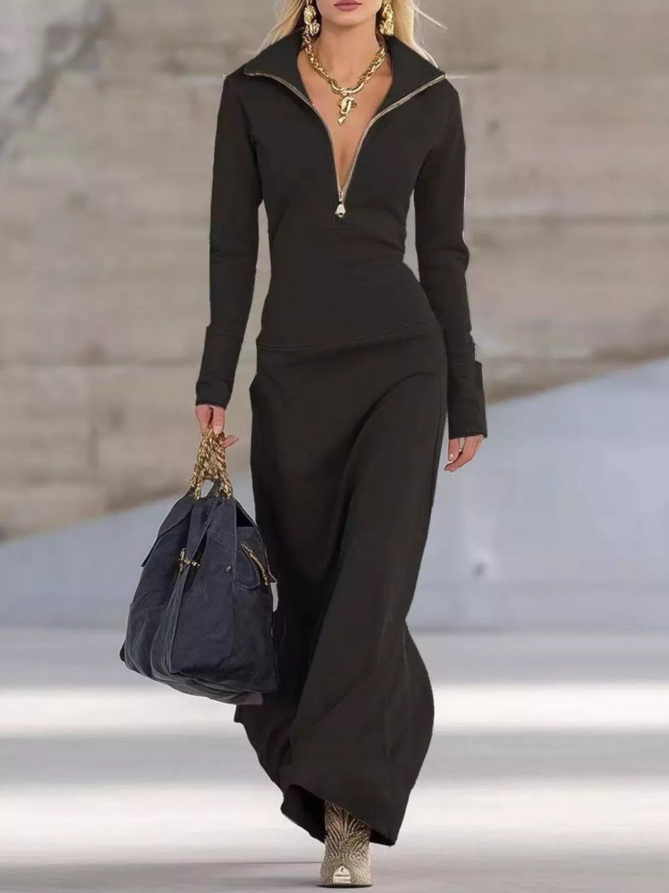 Zip Collar Long Sleeve Maxi Dress