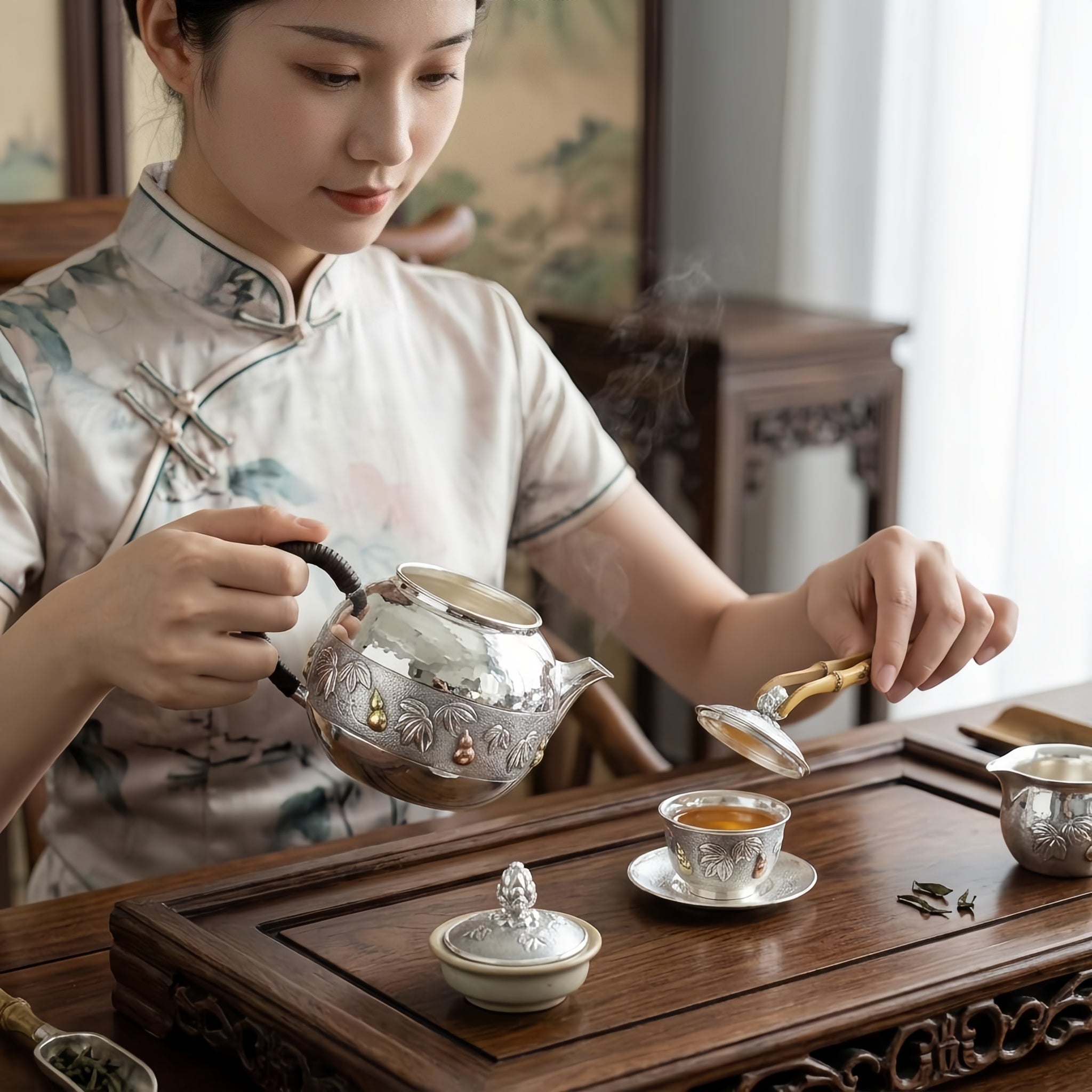 Pure 999 Fine Silver Handcrafted Silver Teapot with Embossed Leaf and Gourd Motifs and Woven Handle - Handicraft