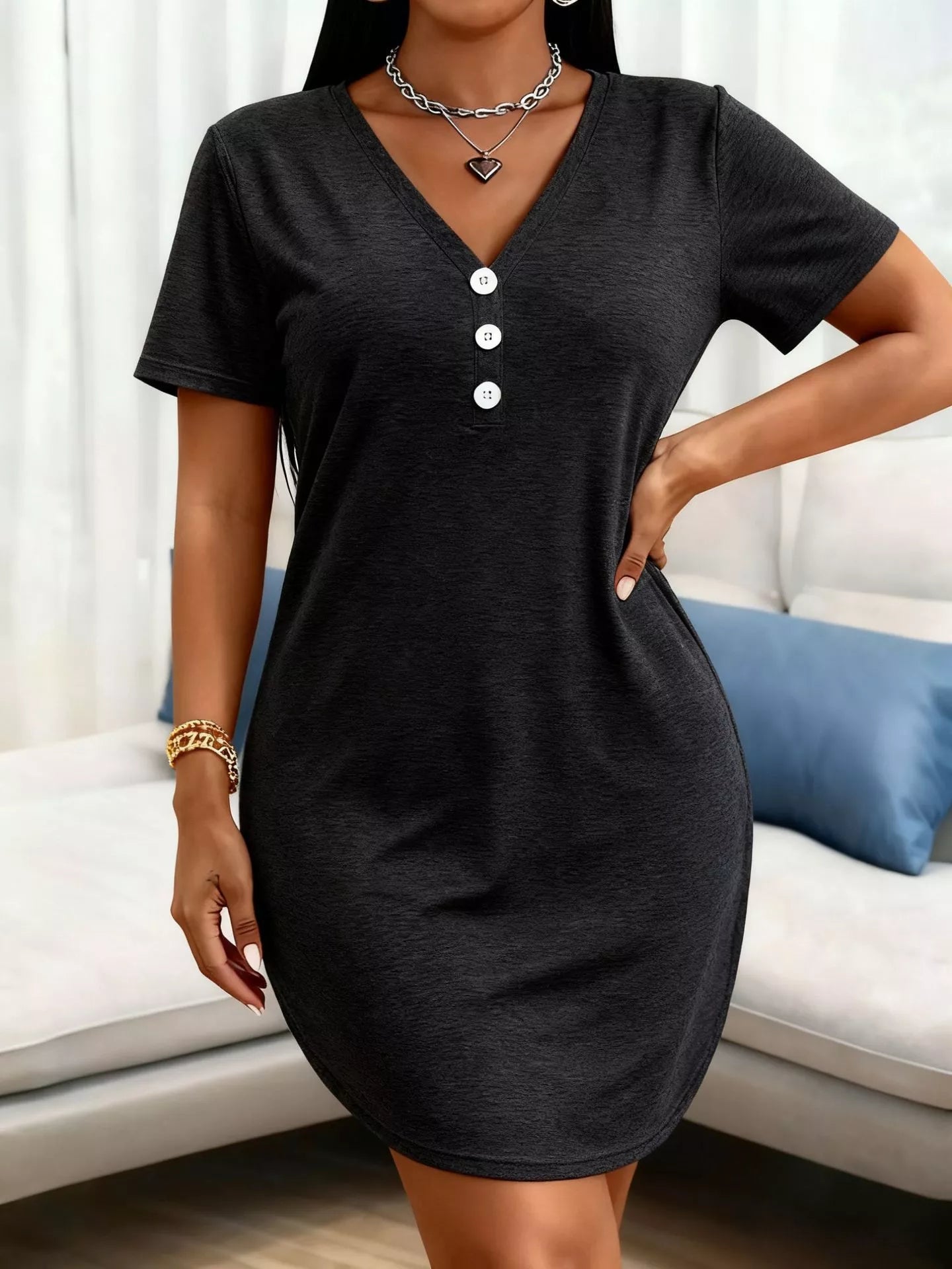 Plus Size V-Neck Button Detail Casual T-Shirt Dress