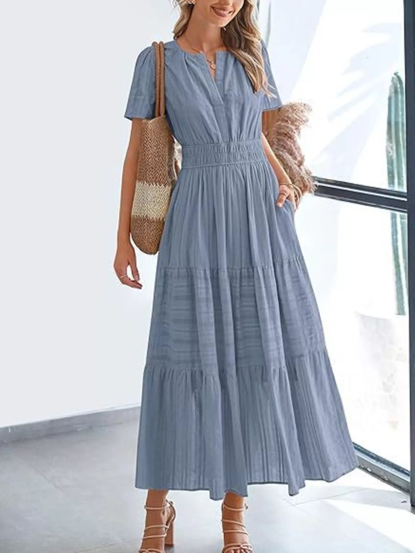 Full Size Short Sleeve Tiered Midi Dress Plus Size