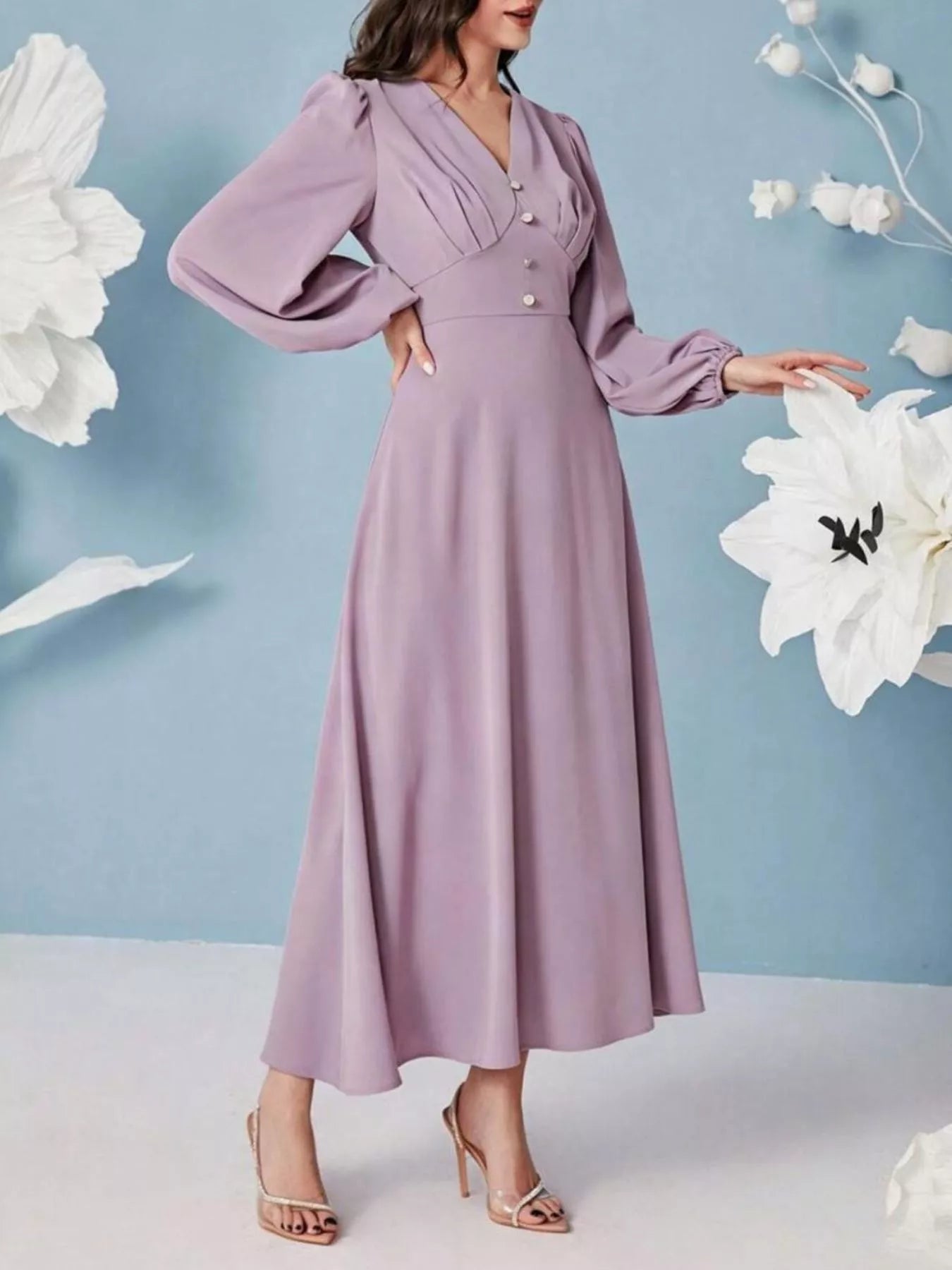 V-Neck Balloon Sleeve Maxi Dress