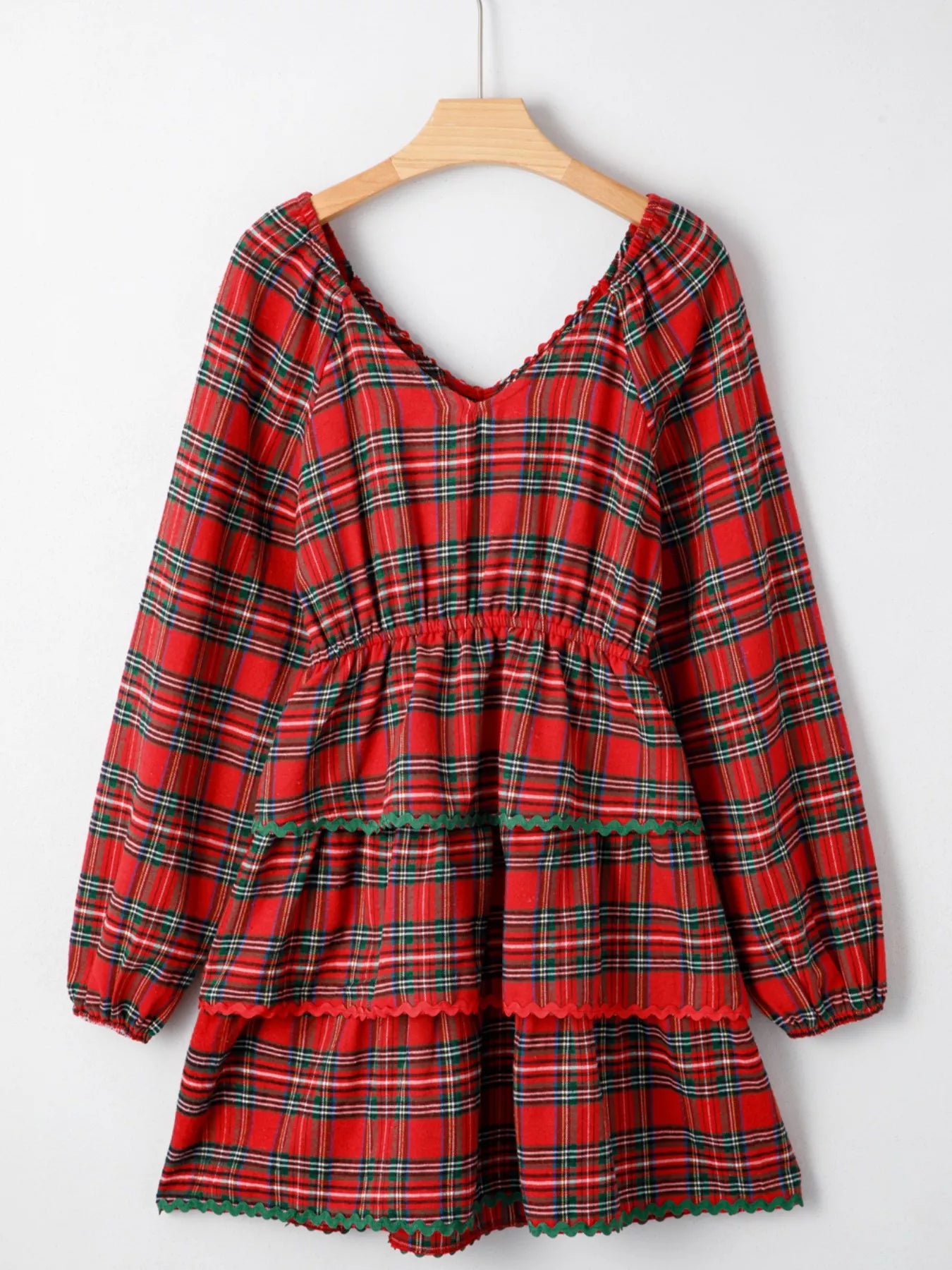 Plaid Print Ricrac Tiered Bubble Sleeve Mini Dress
