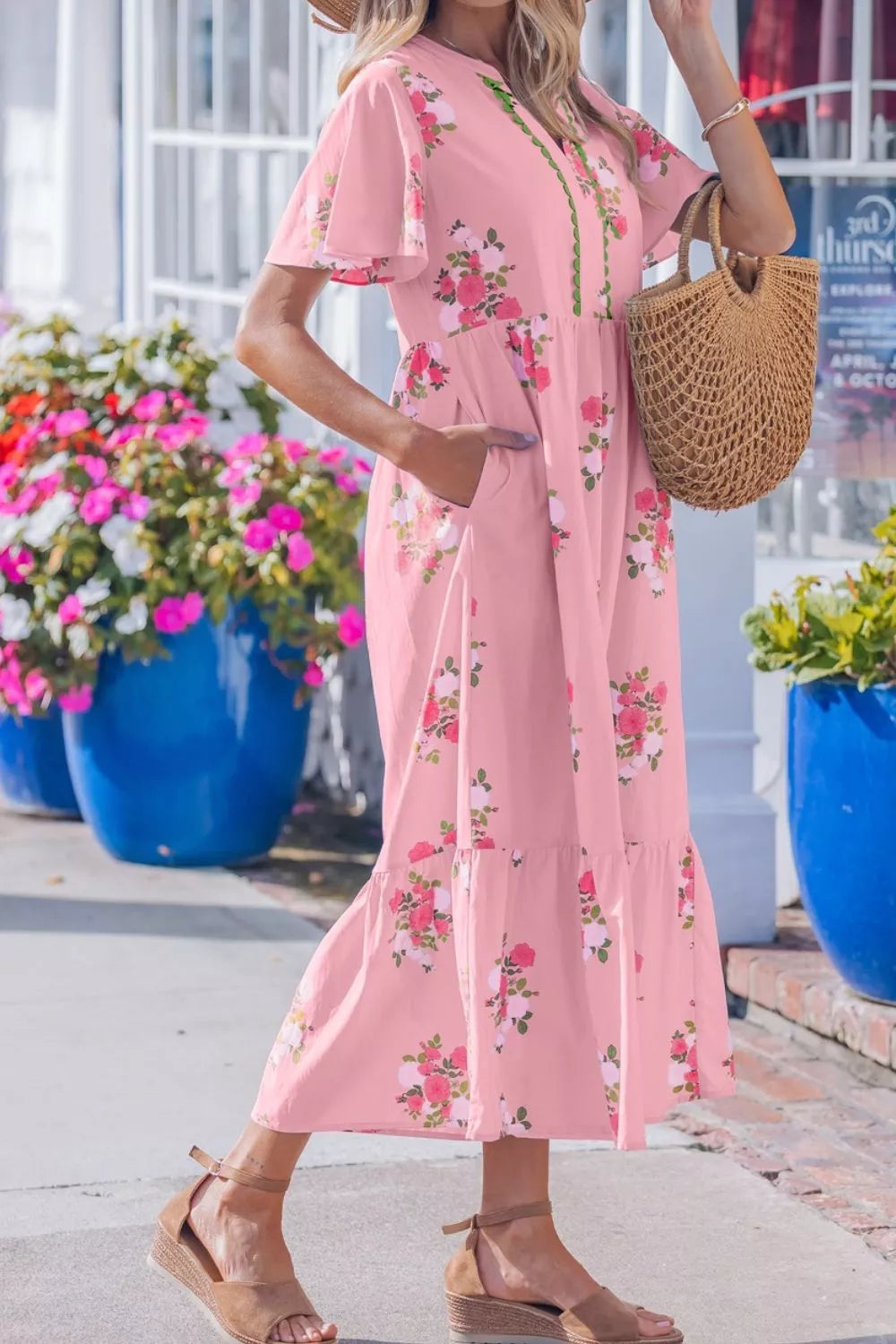Notched Neck Flutter Short Sleeve Floral Print Dress