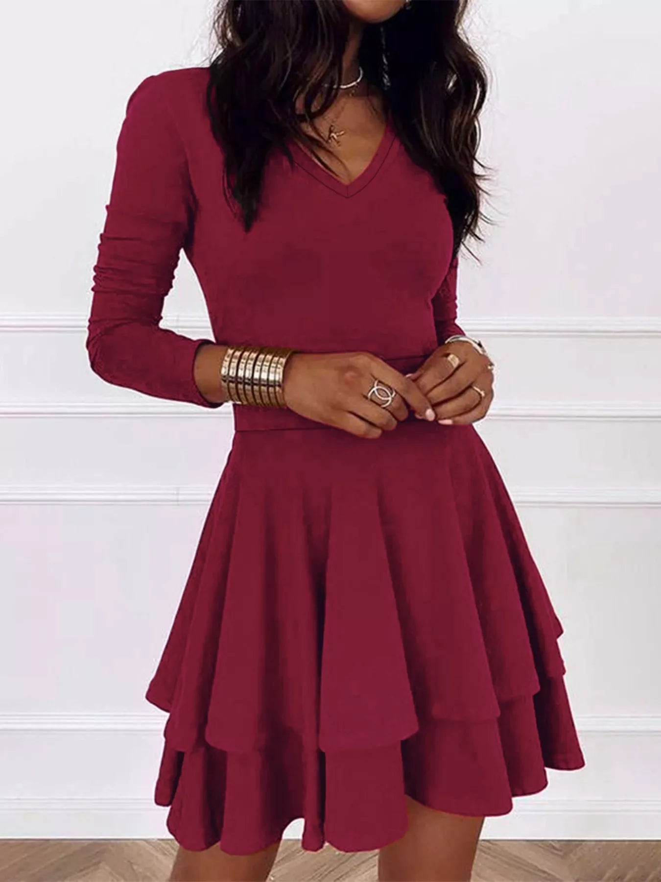 V-Neck Layered Ruffle Mini Dress