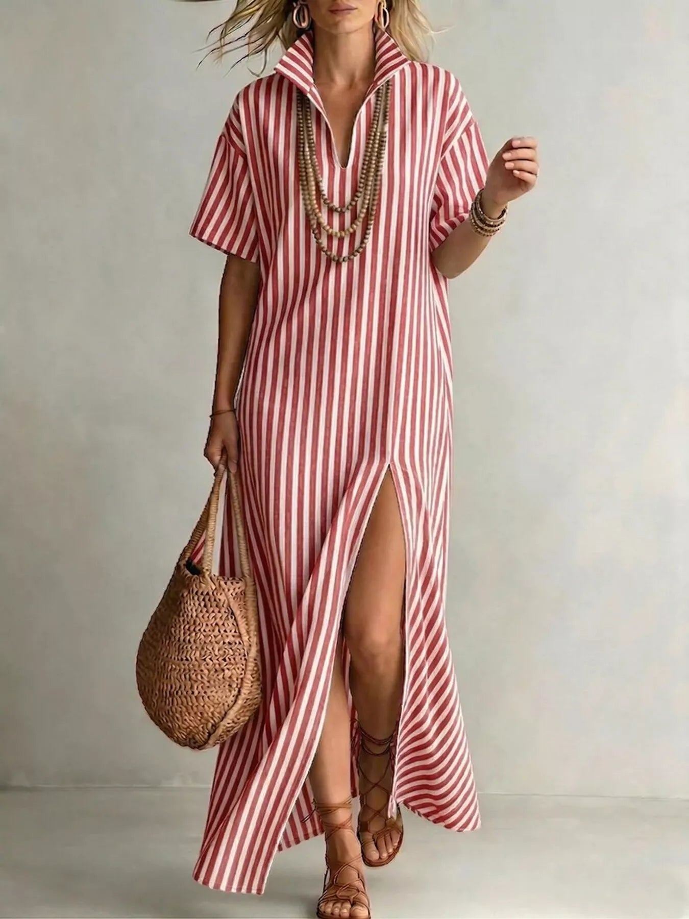 Striped High Slit Maxi Shirt Dress