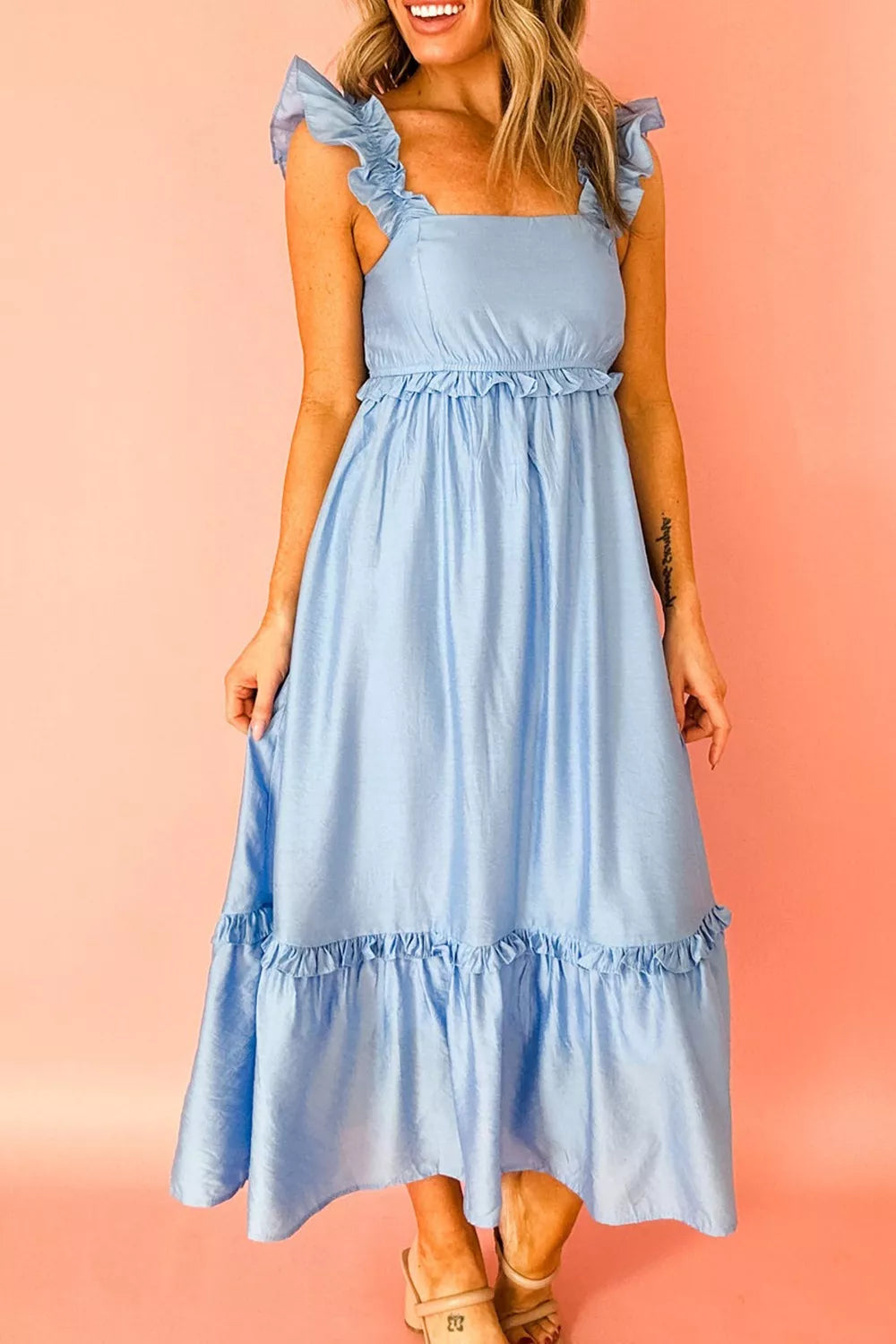 Solid Color Ruffle Trim High Waist Sleeveless Dress