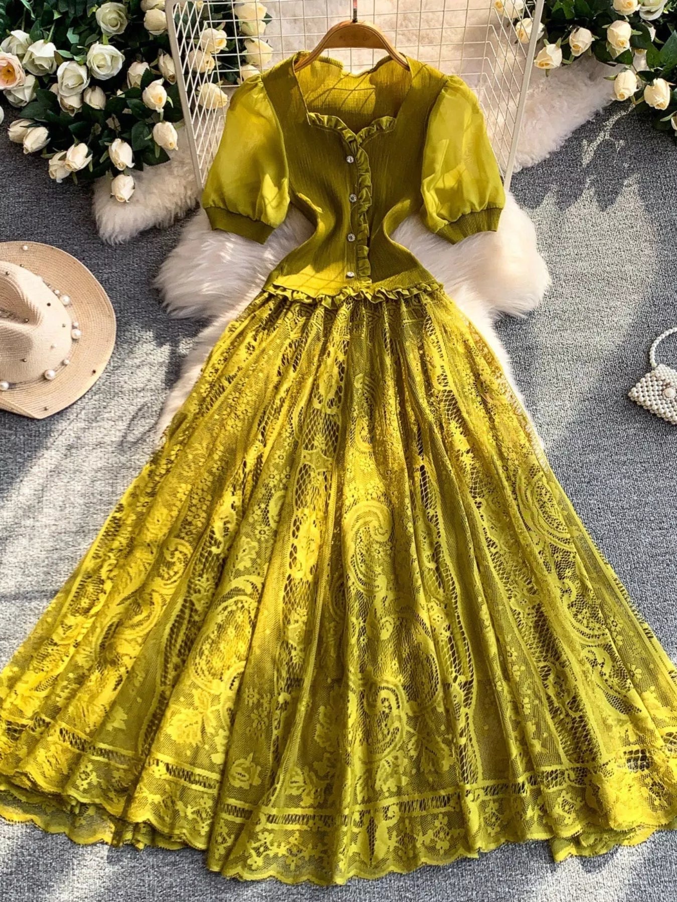 Lace Panel Puff Sleeve Dress