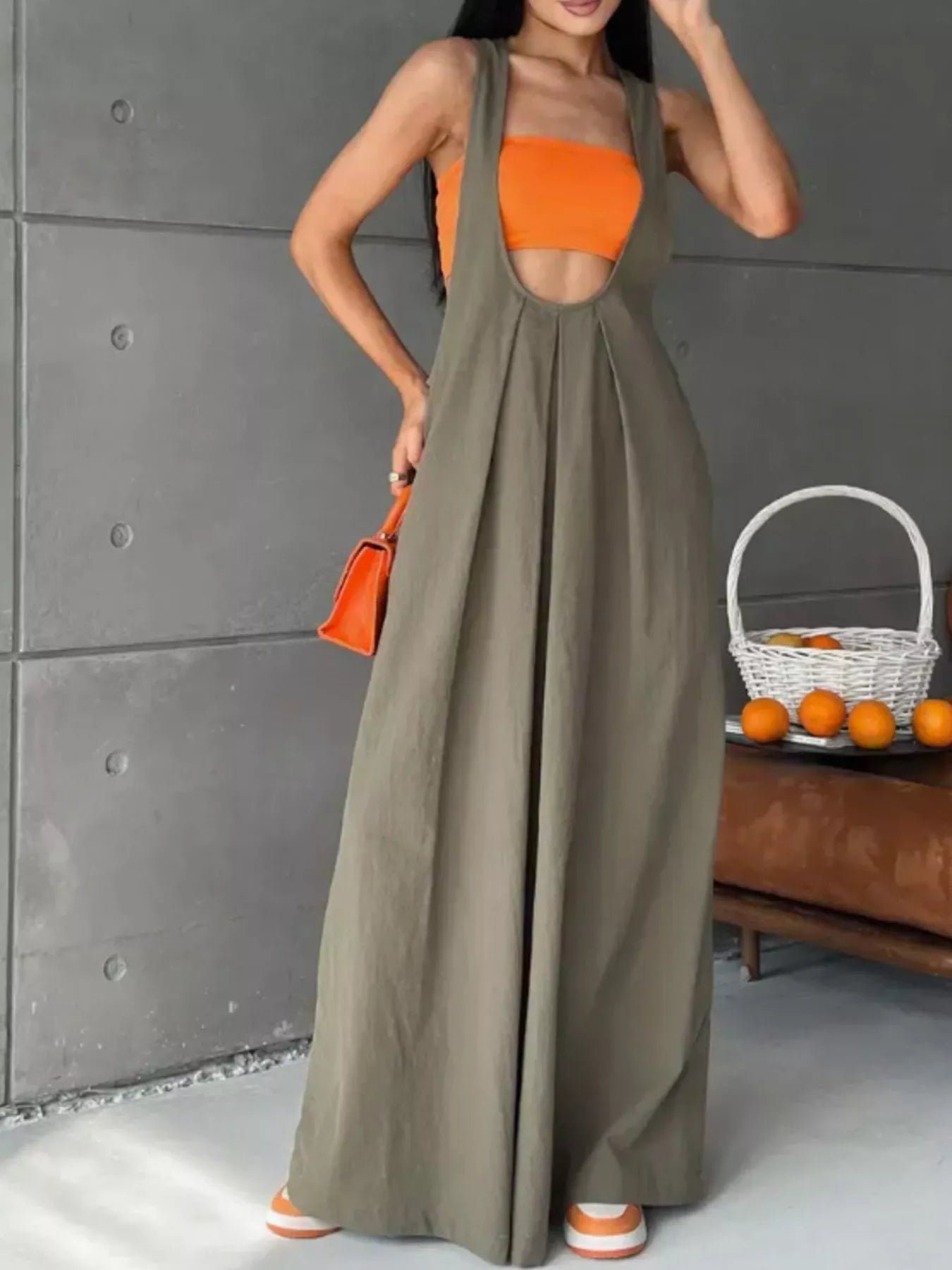 Pleated Overall Dress with Pockets