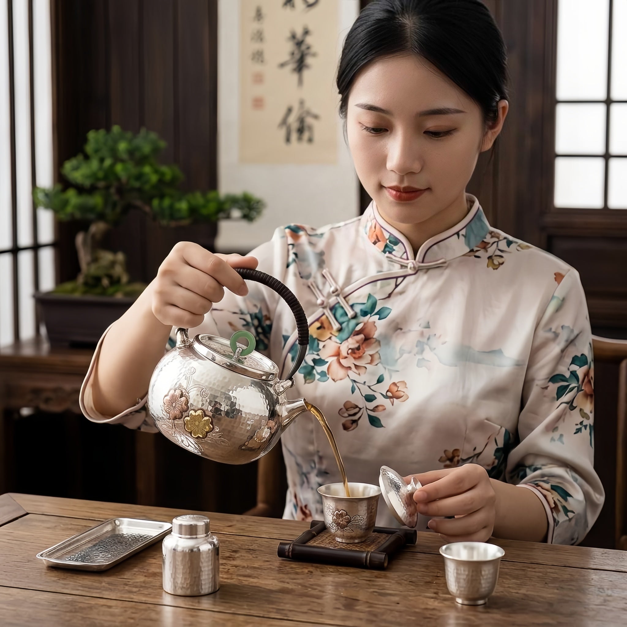 Pure 999 Fine Silver Elegant Hand-Hammered Silver Teapot with Floral Relief and Green Jade Finial - Handicraft