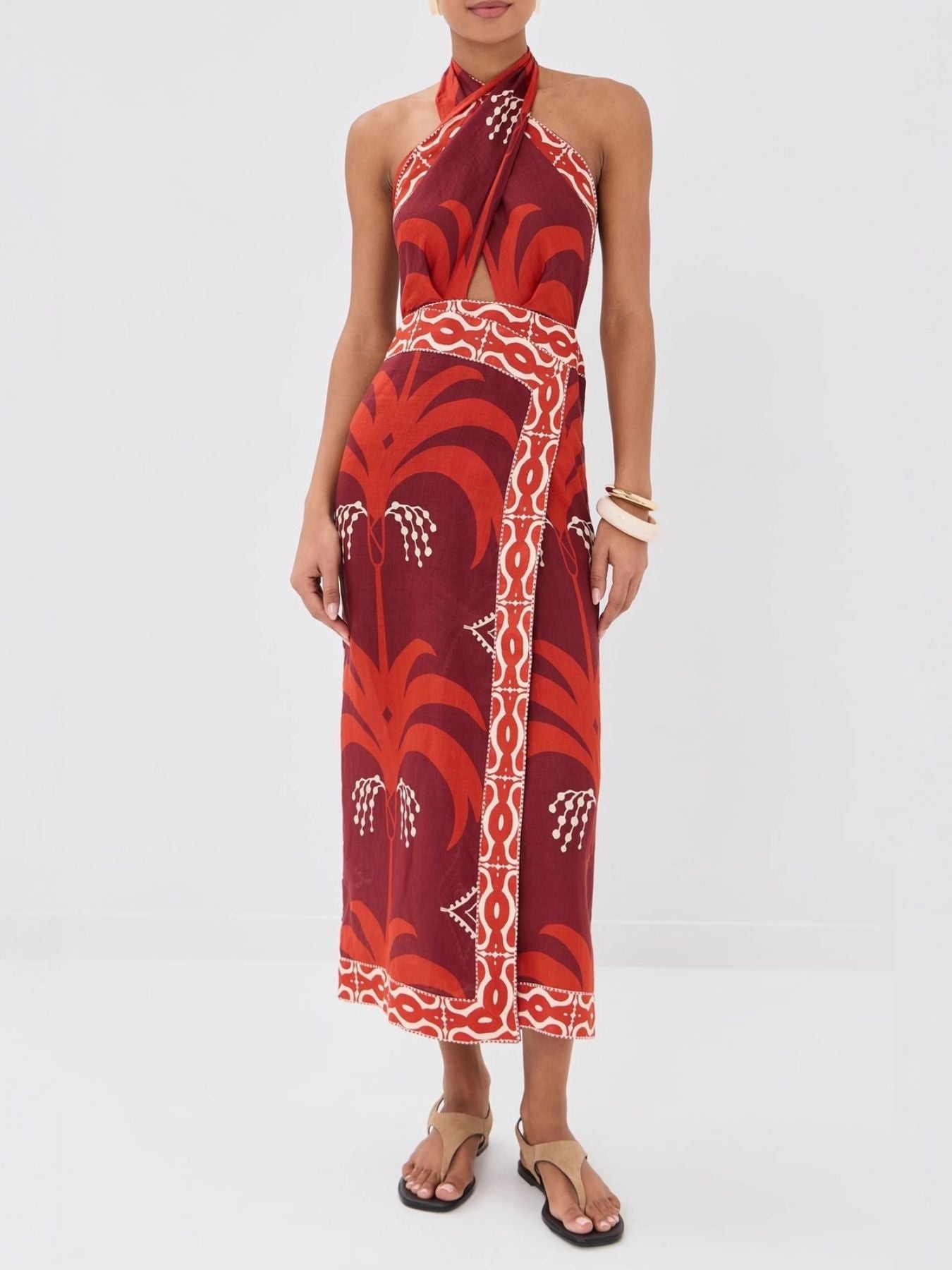 Tropical Print Halter Neck Wrap Dress