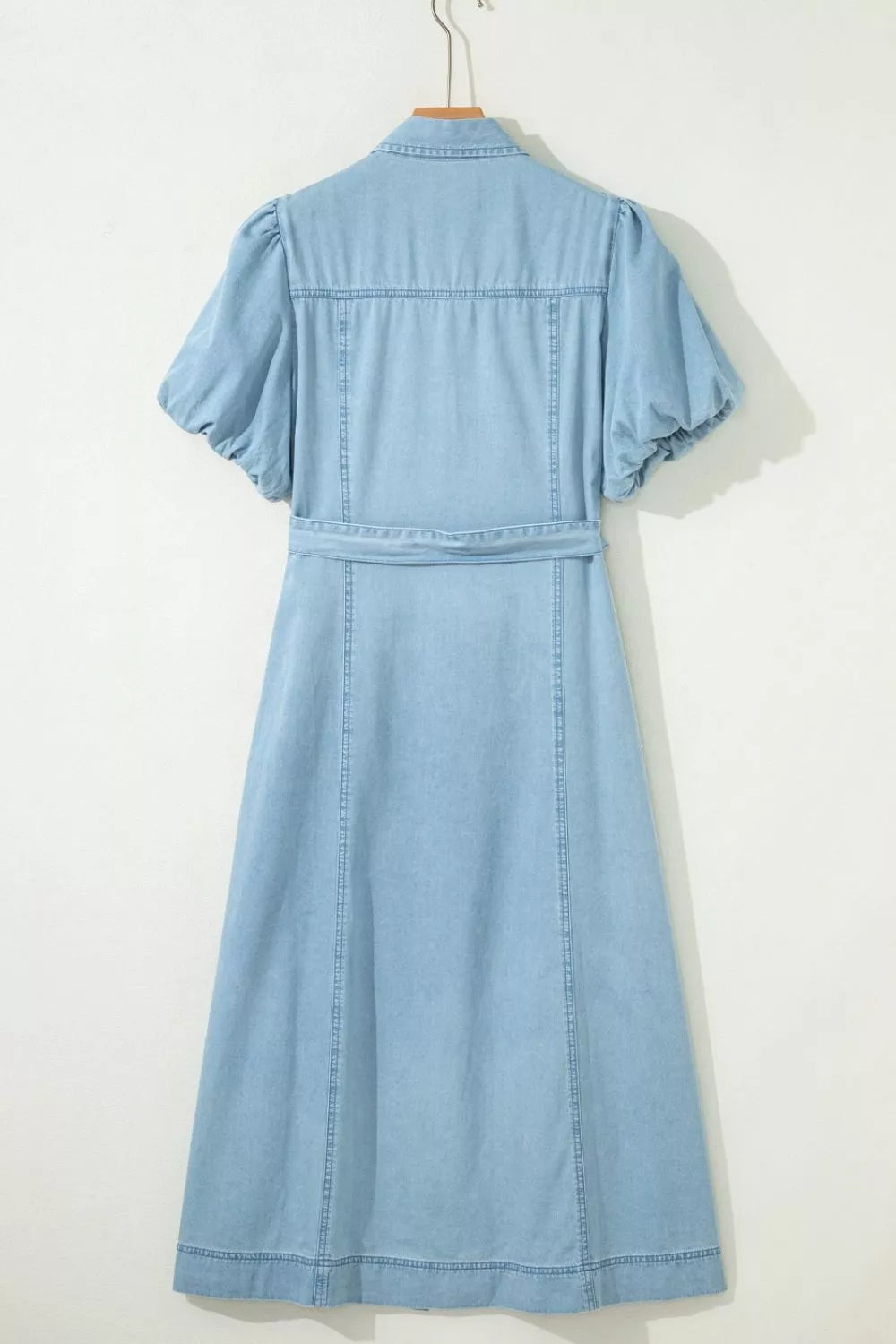 Full Buttons Collared Short Bubble Sleeve Long Denim Dress