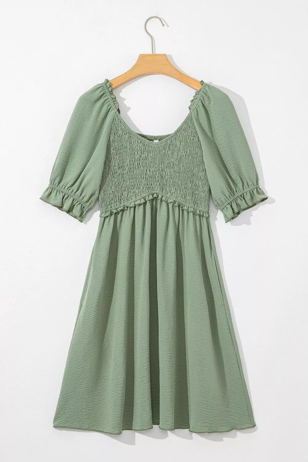 Short Sleeve Shirred Waist V-Neck Textured Mini Dress