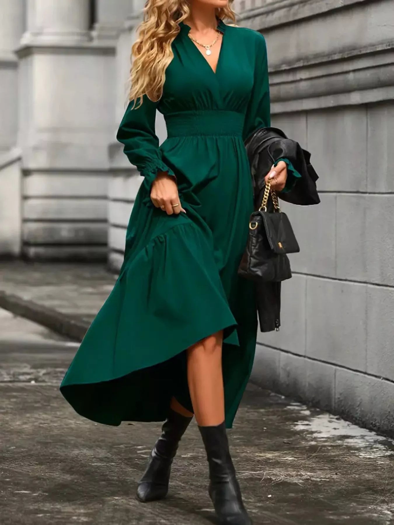 Surplice Long Sleeve Tiered Midi Dress