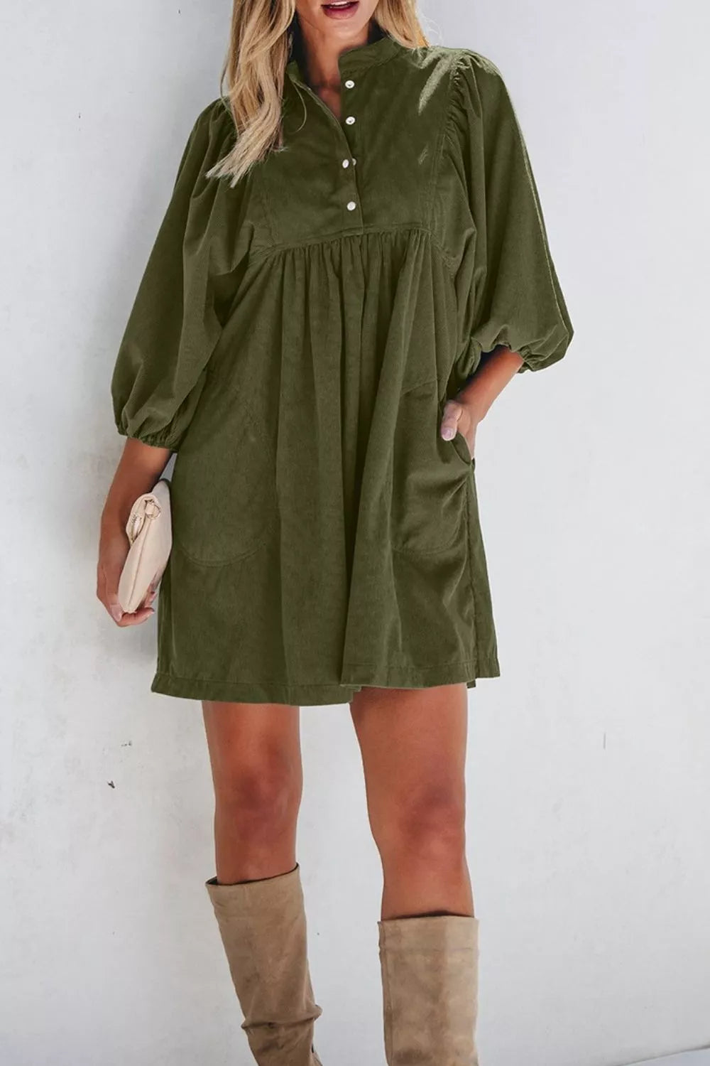 Corduroy Button-Down Babydoll Dress
