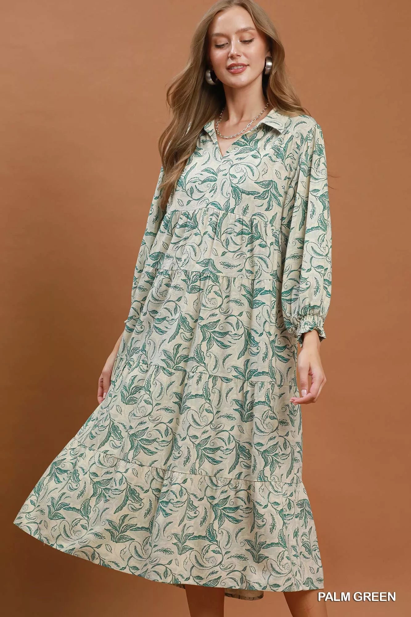 Umgee Linen Botanical Print Tiered Midi Dress