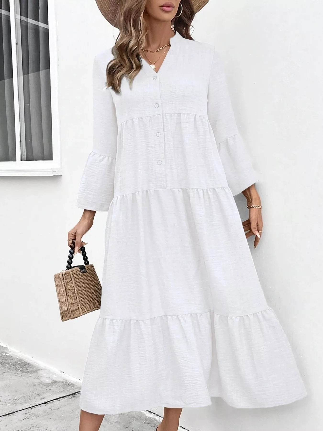 Ruffle Hem Button Front Tiered Dress