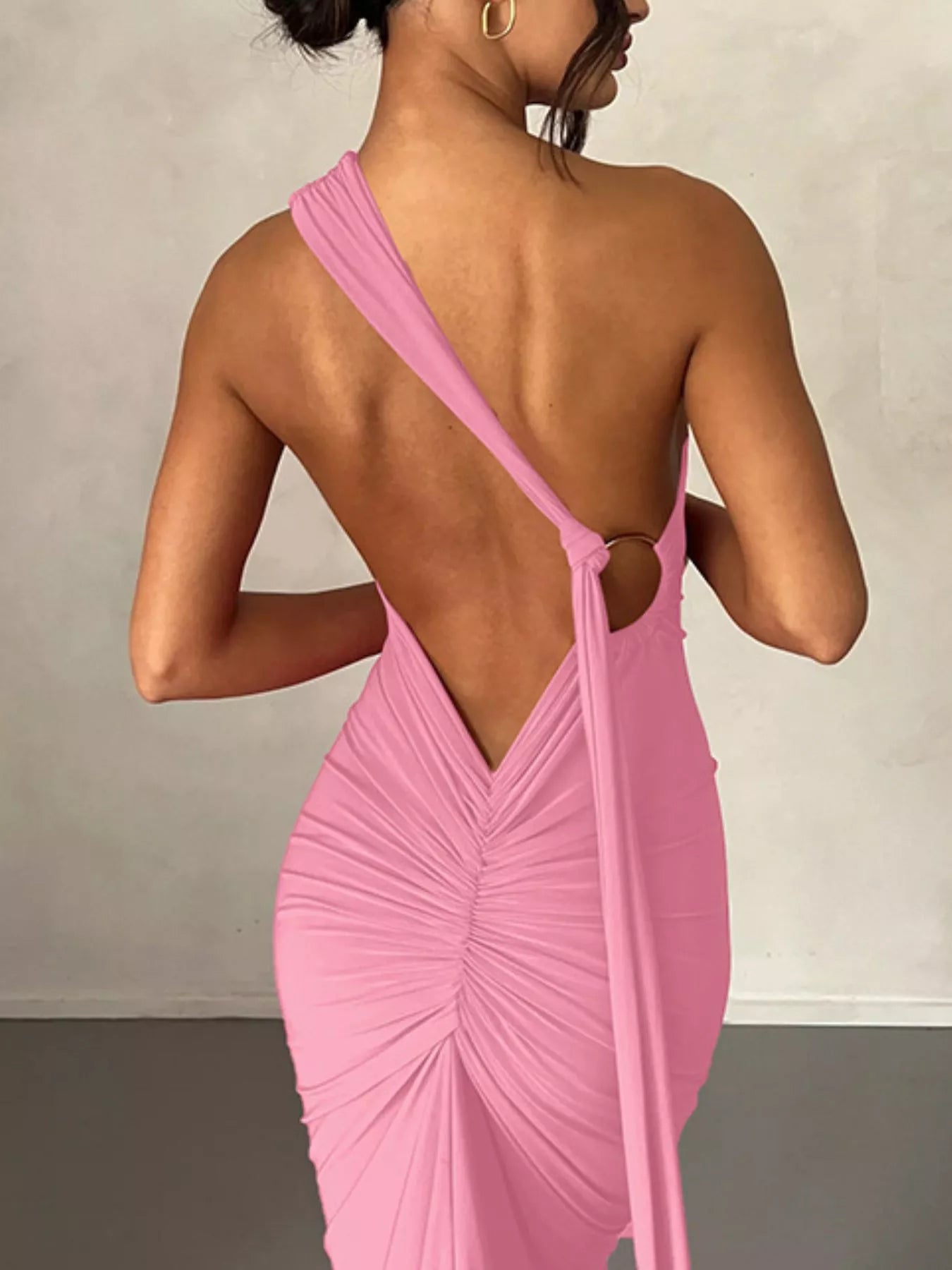 Backless One-Shoulder Ruched Bodycon Maxi Dress