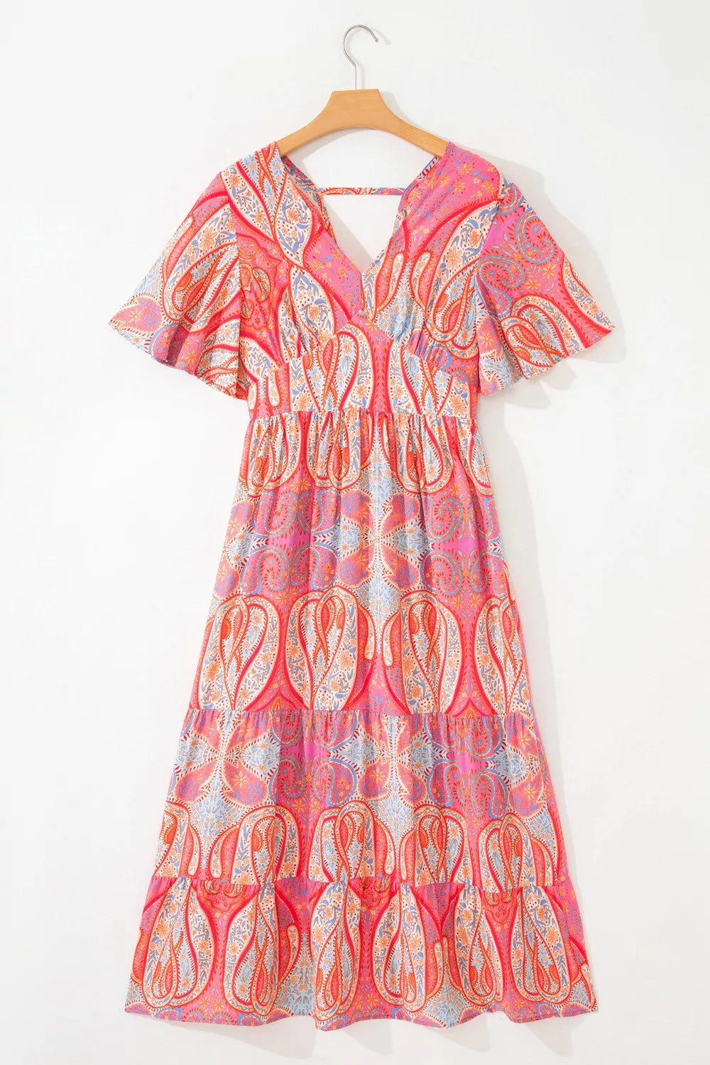 Paisley Print V-Neck Short Sleeve Boho Dress with Ruffle Details