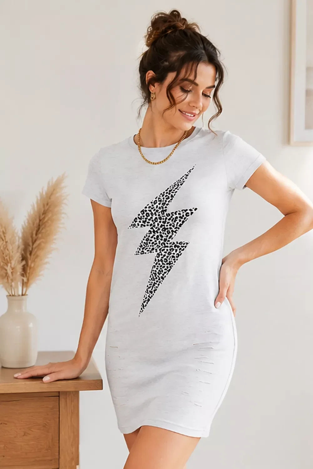 Double Take Leopard Lightning Graphic Tee Dress