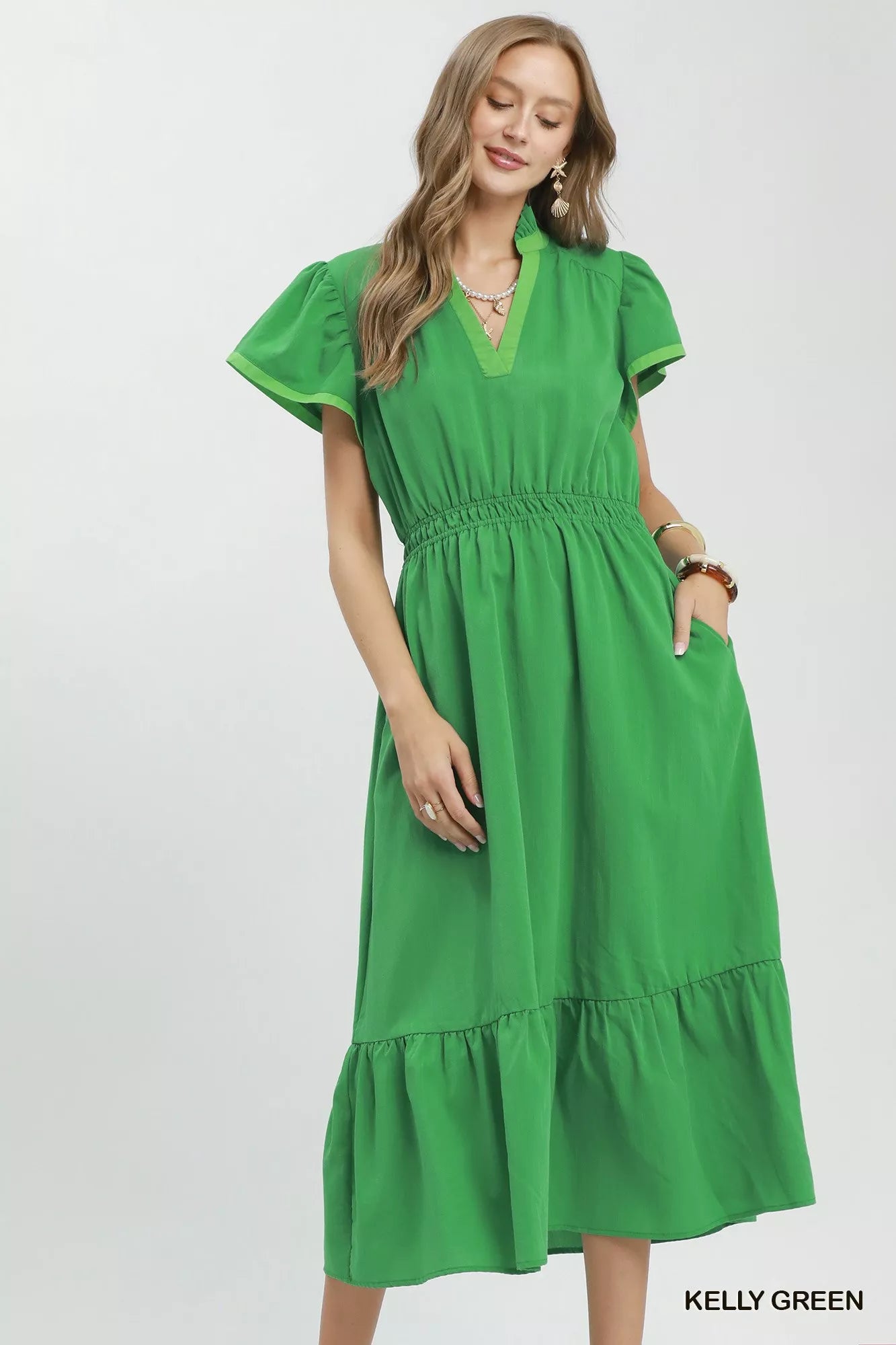 Umgee Contrast Trim Midi Dress with Tiered Ruffle Hem