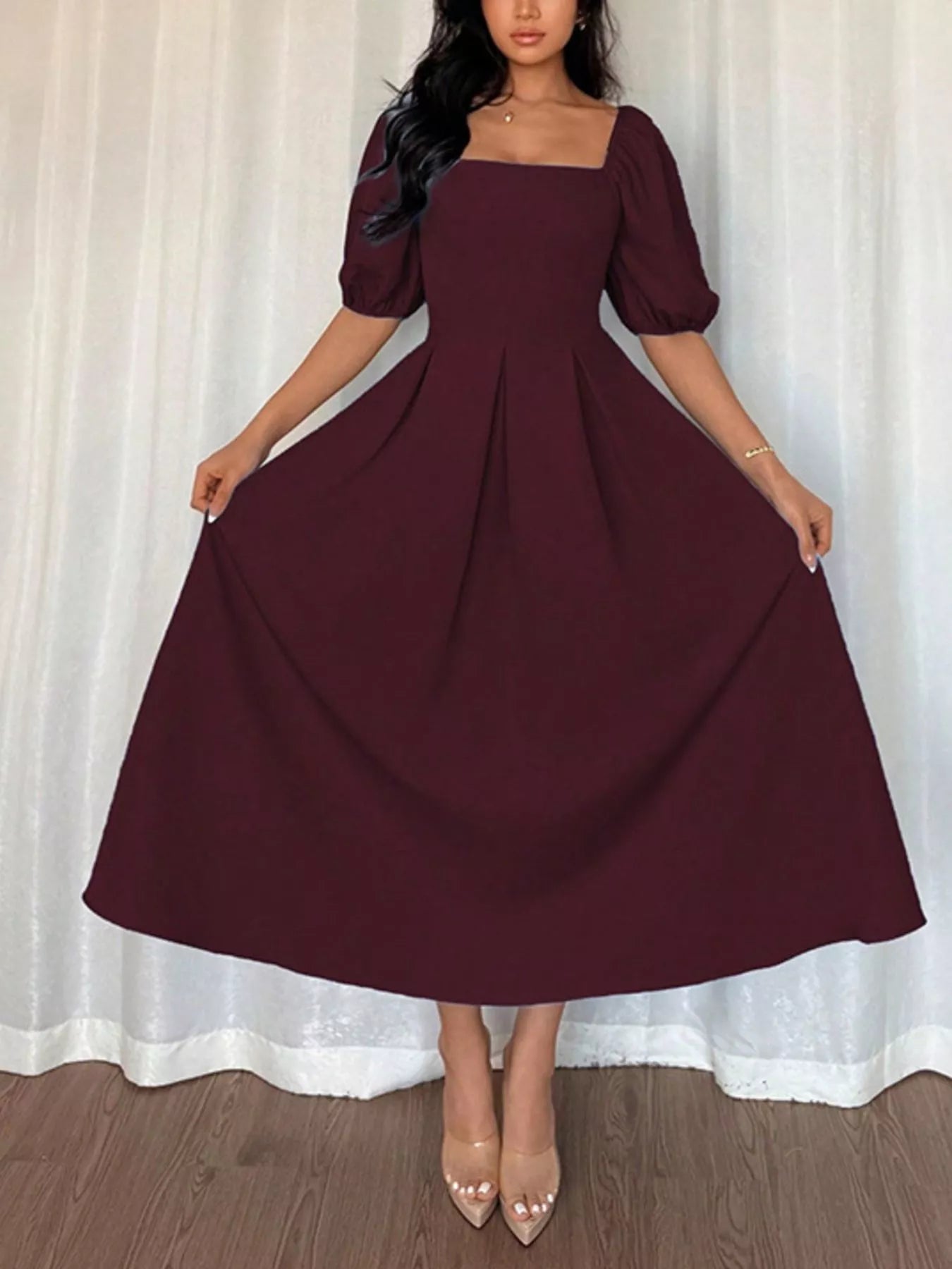 Square Neck Flutter Sleeve Midi Dress