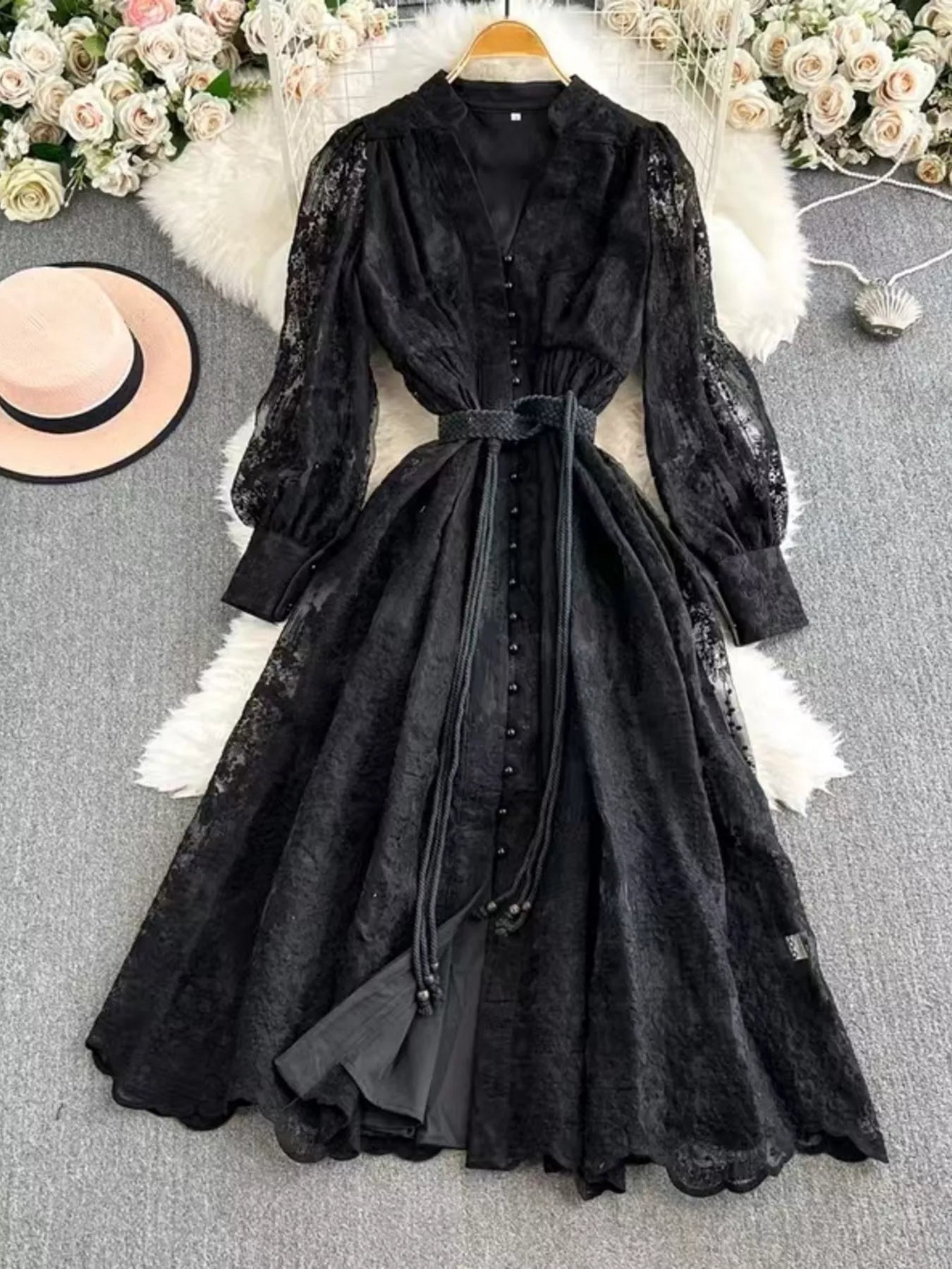 Lace Tie Waist Long Sleeve Dress