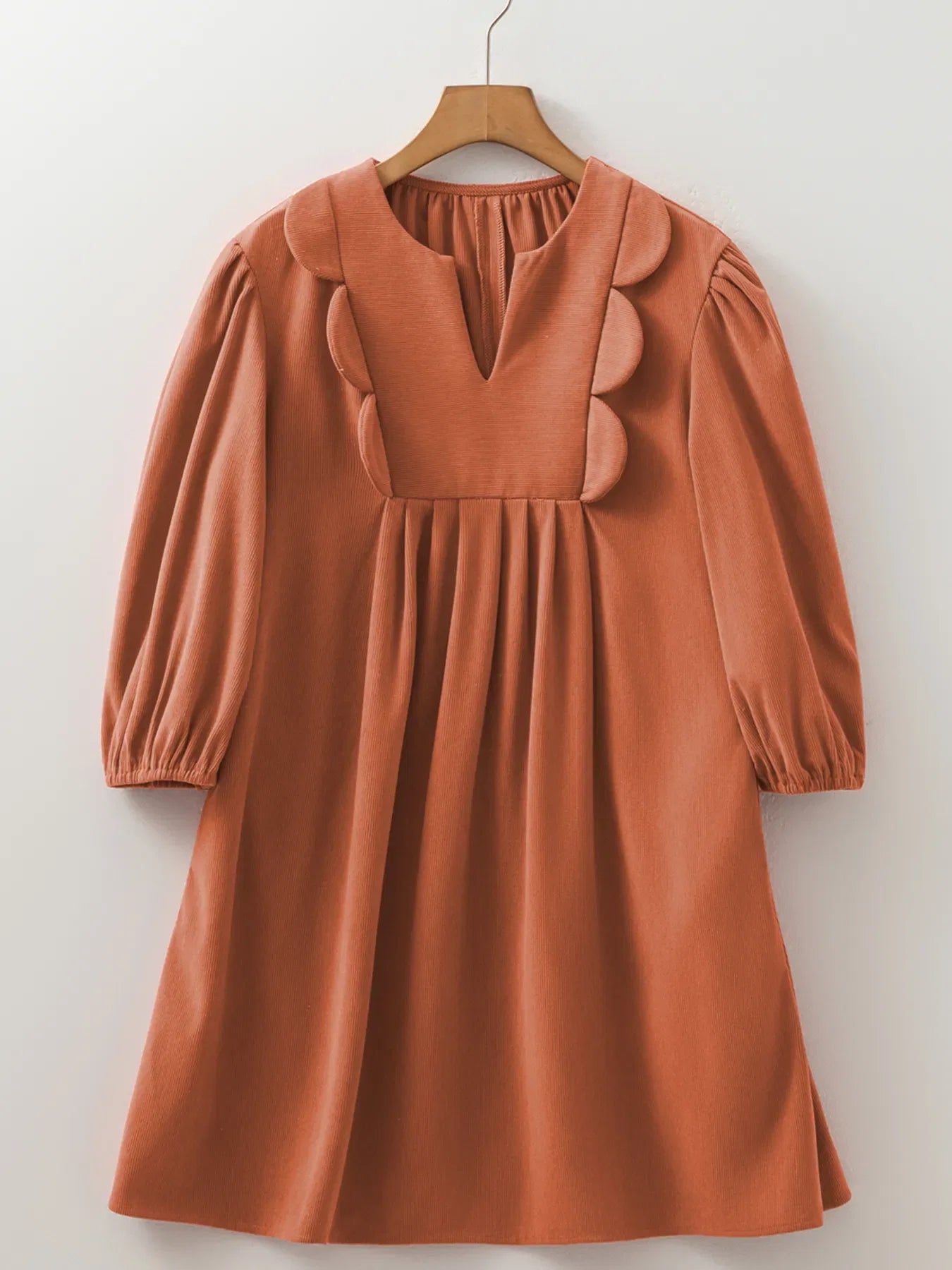 Split Neck Scallop Detail Corduroy Mini Dress