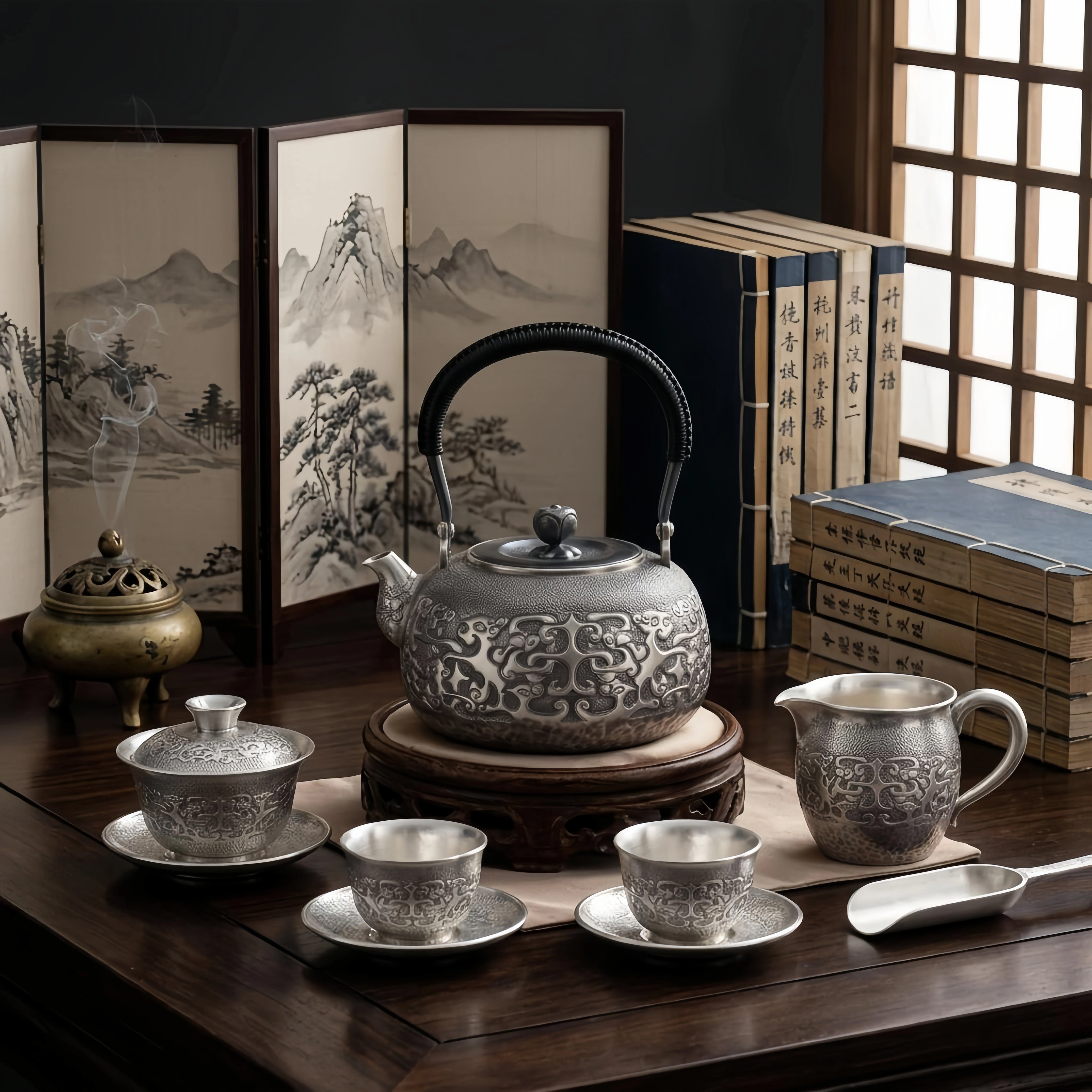 Pure 999 Fine Silver Elegant  Teapot with Intricate Cloud Patterns and Coiled Black Handle-Fine large teapot - Handicraft