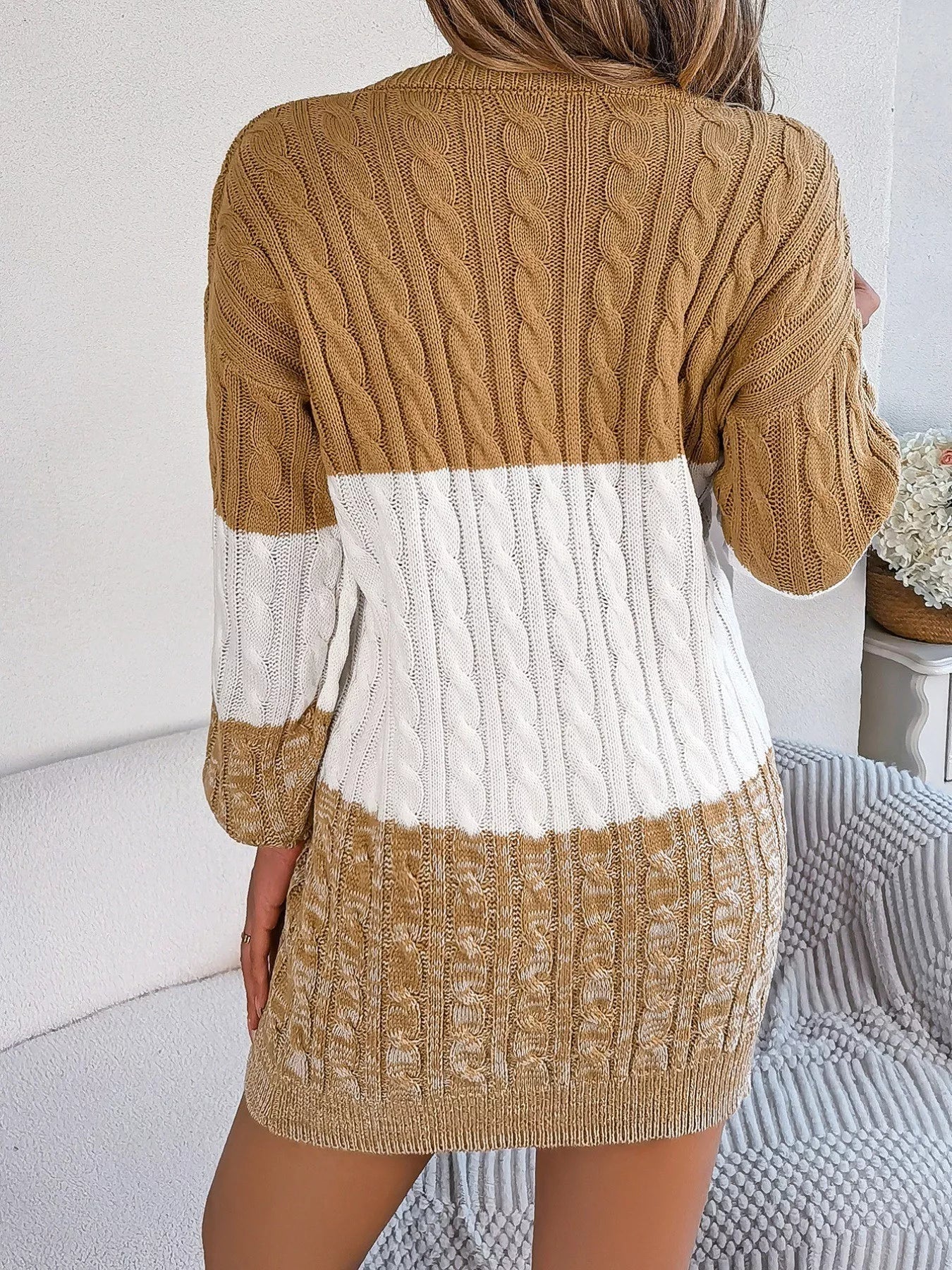 Color Block Cable Knit Sweater Dress with Textured Pattern