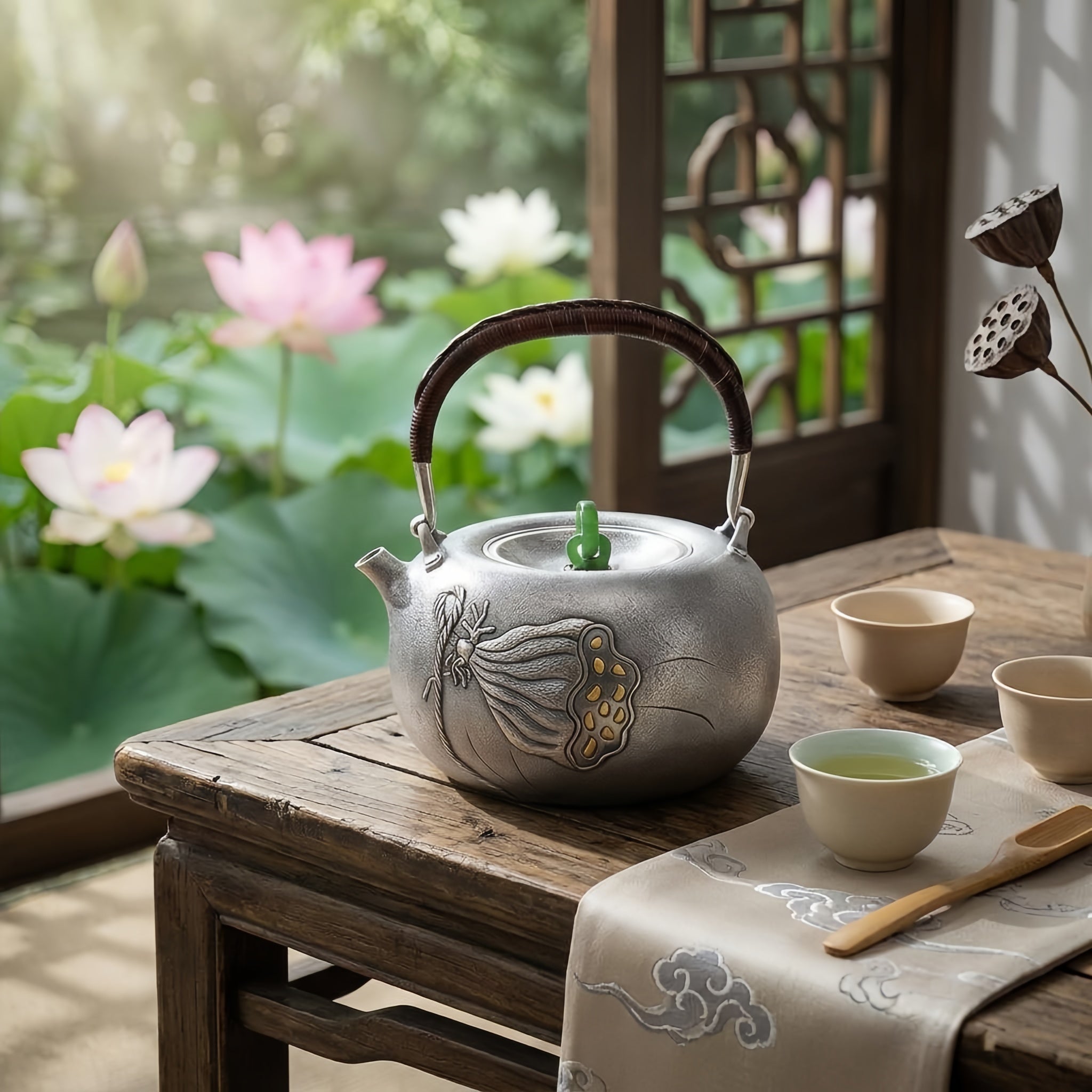 Pure 999 Fine Silver Handmade Silver Teapot with Lotus Seed Pod Motif and Woven Rattan Handle - Handicraft