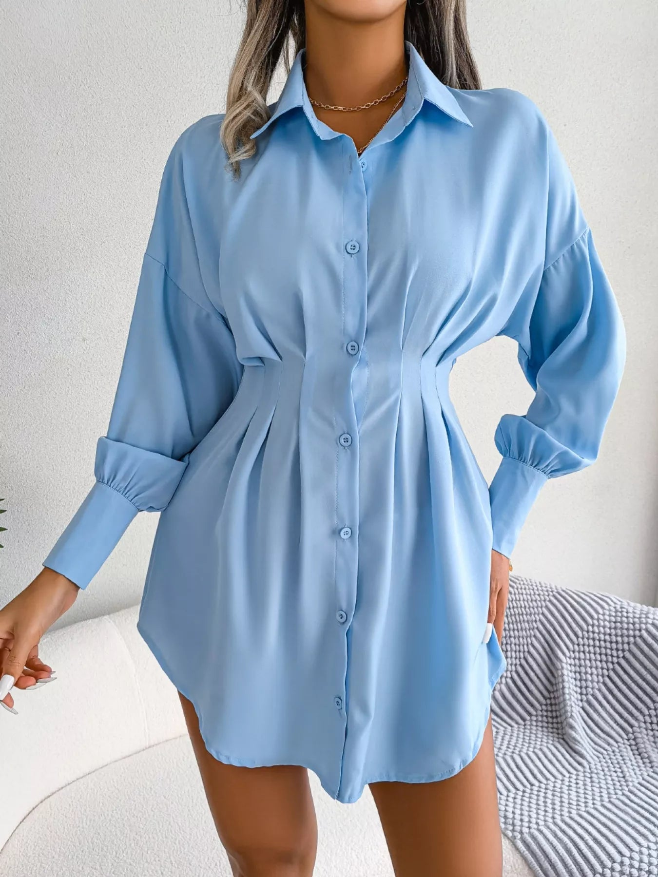 Elegant Button-Down Cinched Waist Mini Shirt Dress