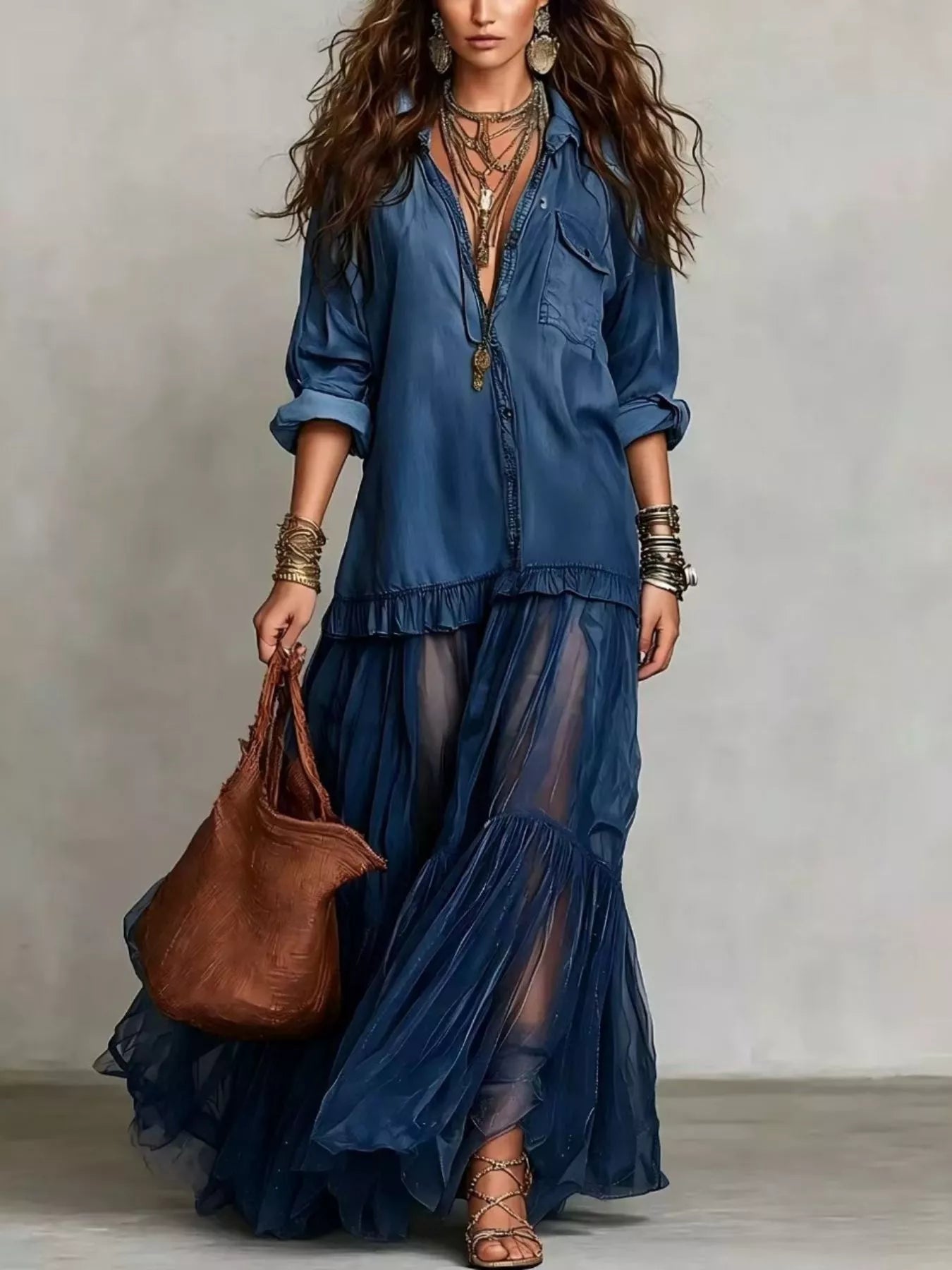 Long Sleeve Sheer Ruffle Maxi Dress