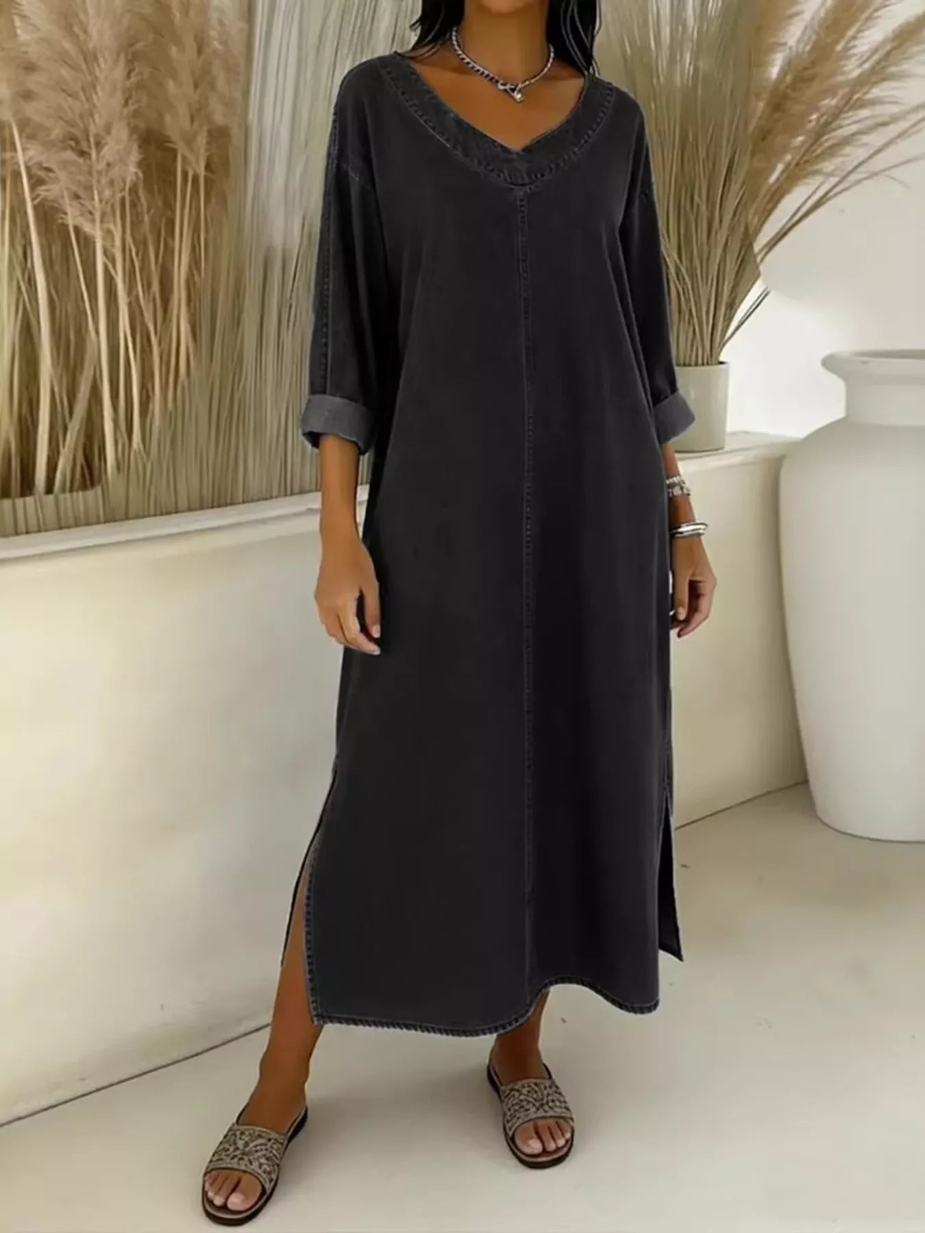 Side Slit V-Neck Midi Dress
