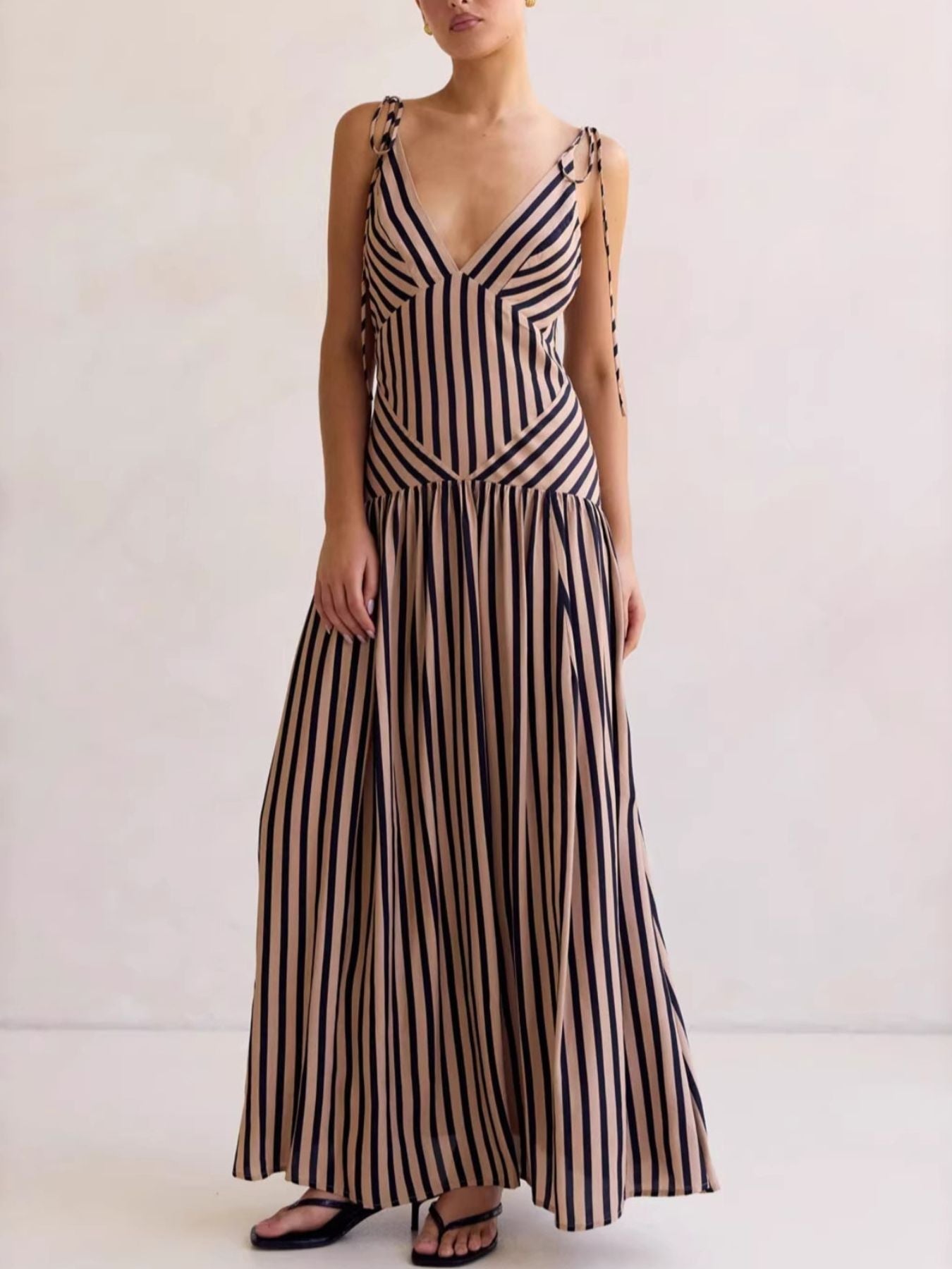 Striped V-Neck Tie-Shoulder Maxi Dress