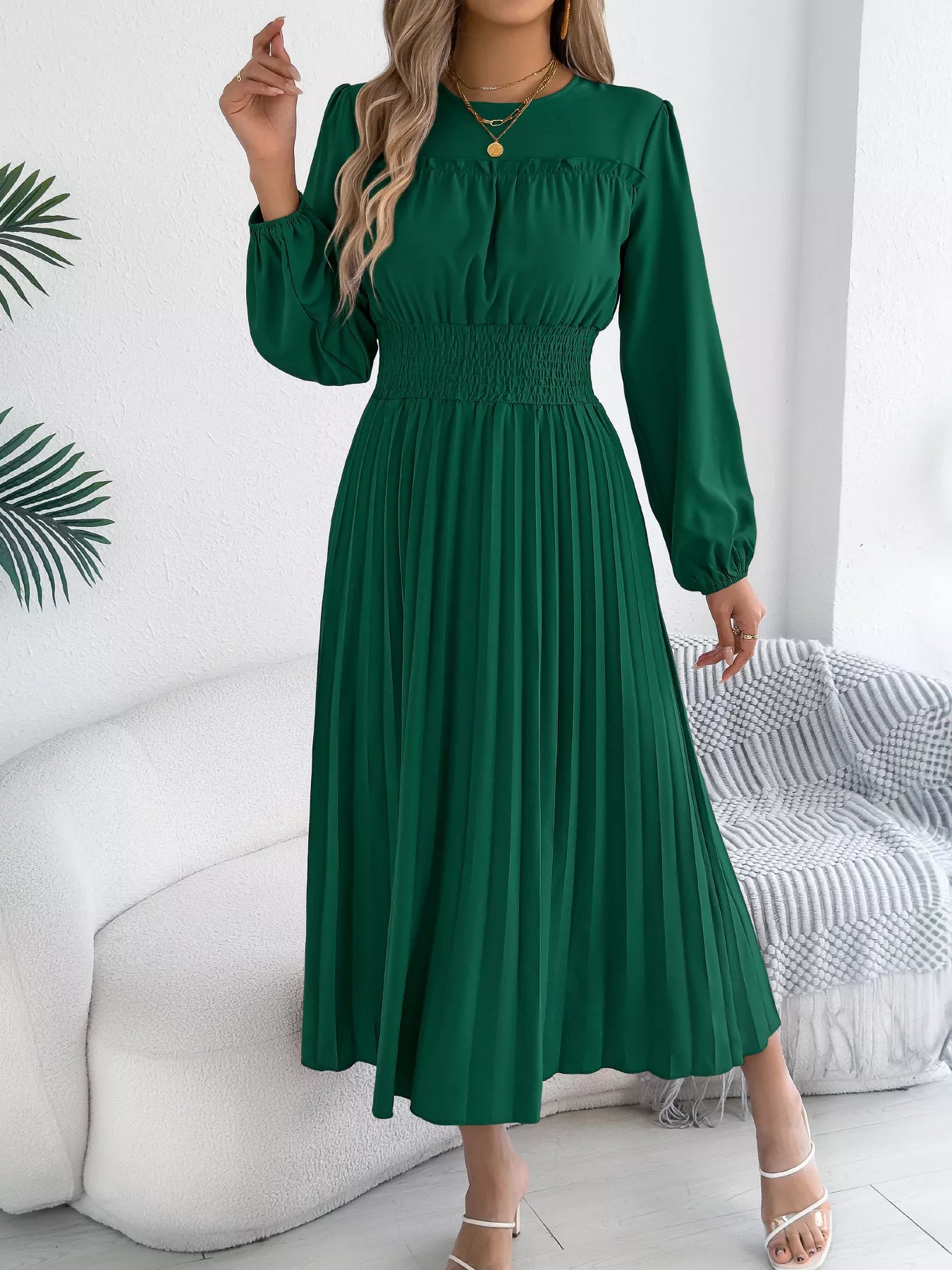 Smocked Pleated Long Sleeve Midi Dress