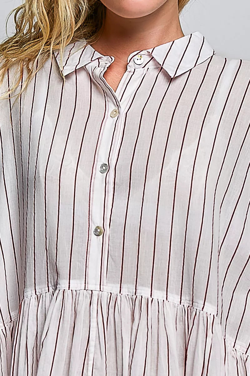 POL Striped Gathered Waist Woven Shirt Dress