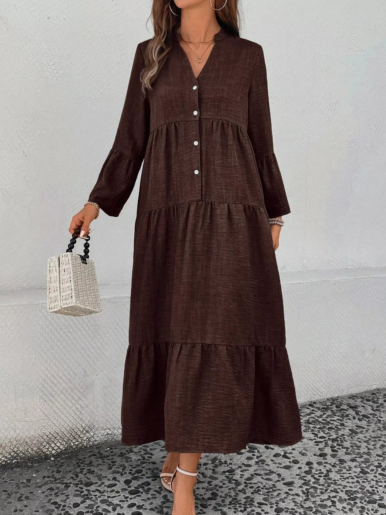 Ruffle Hem Button Front Tiered Dress