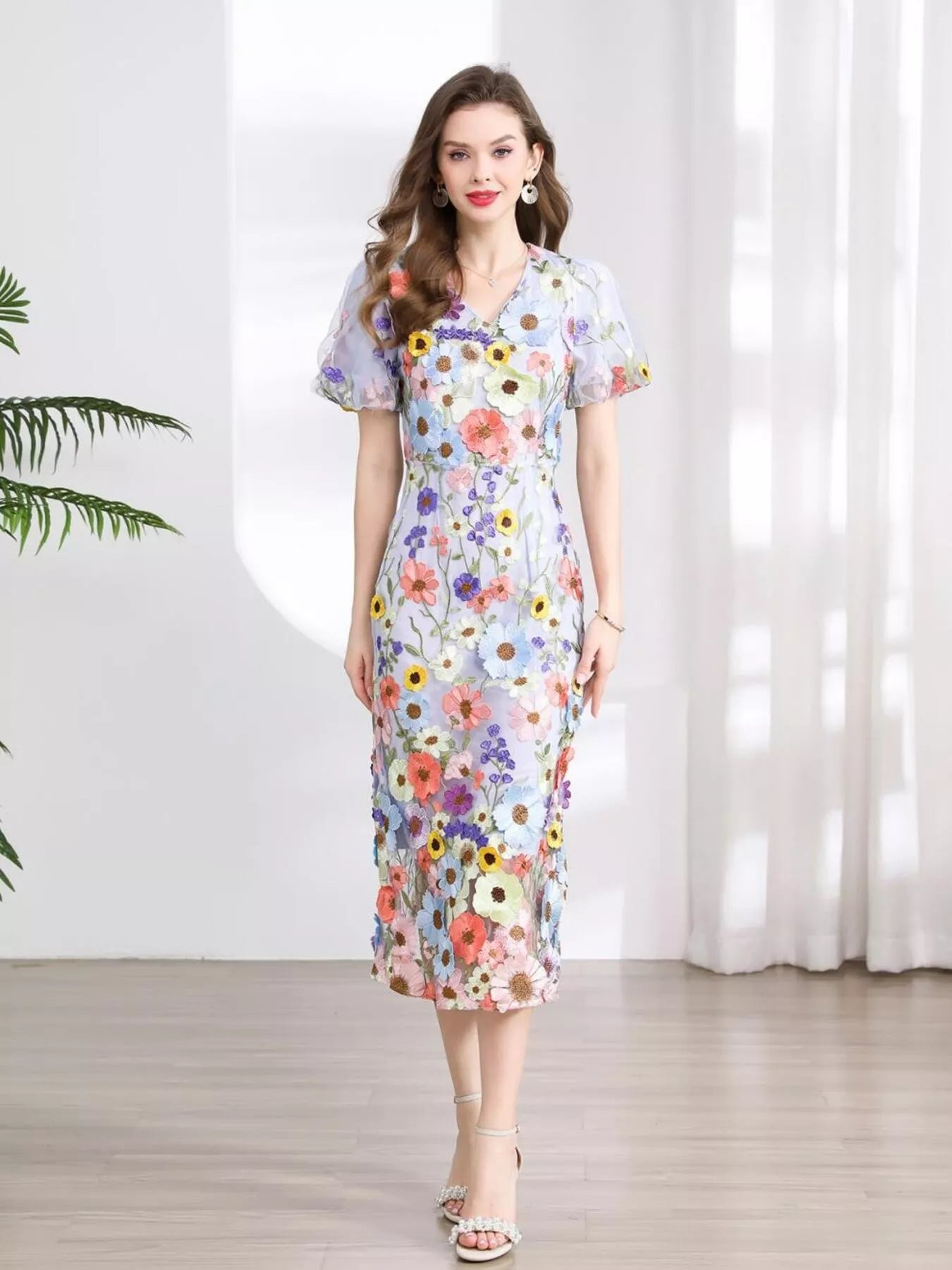 Floral Embroidered Puff Sleeve Midi Dress