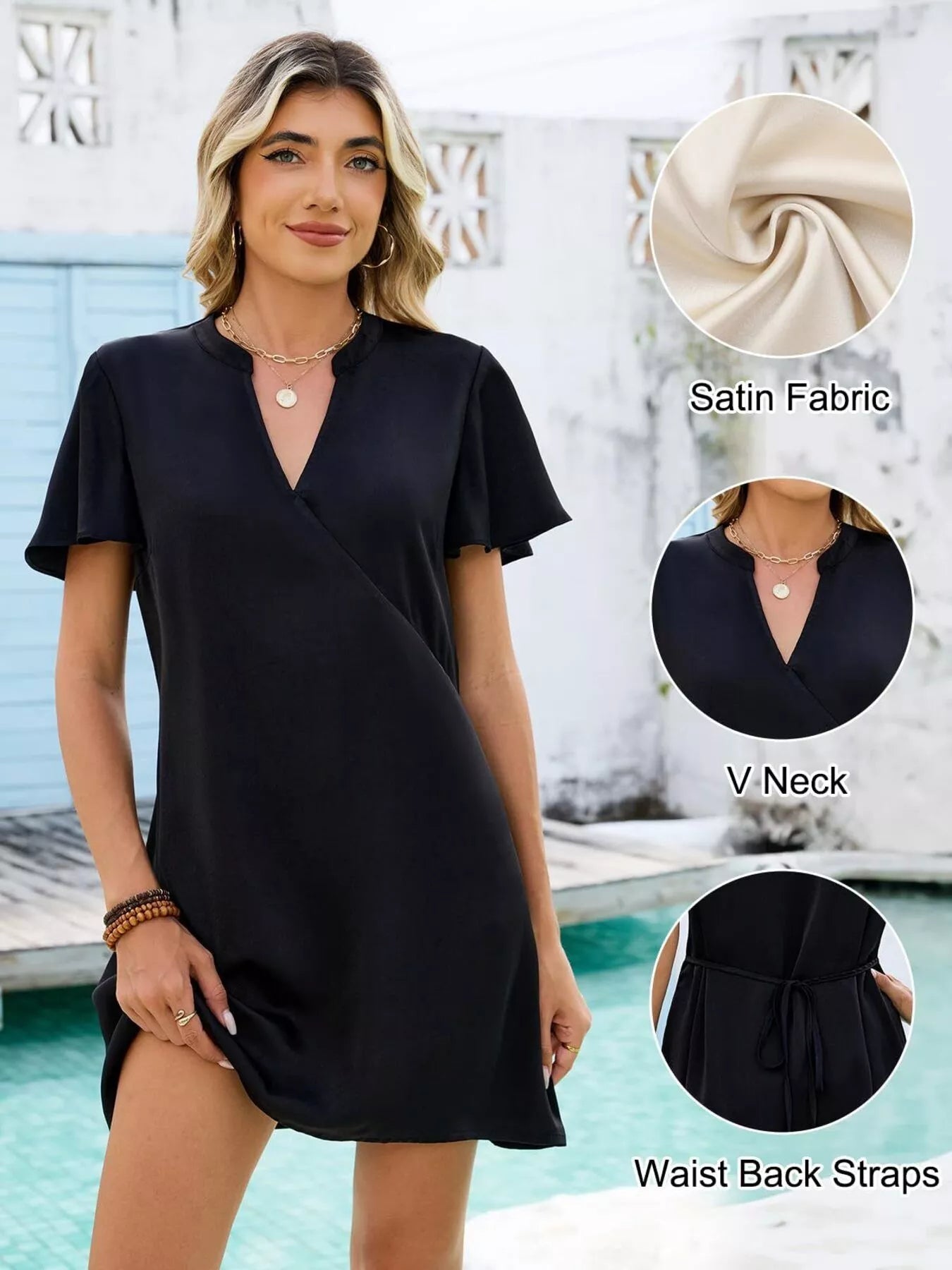 Notched Flutter Sleeve Mini Dress