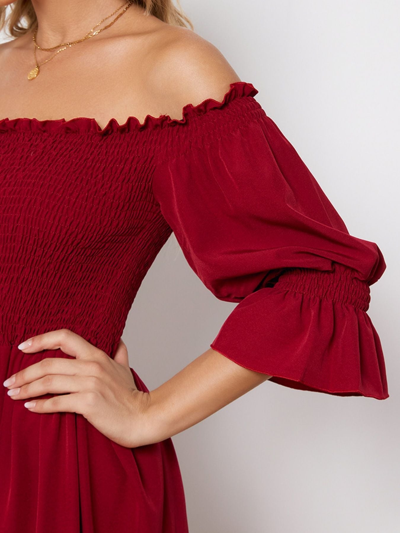 Smocked Off-Shoulder Ruffle Hem Midi Dress
