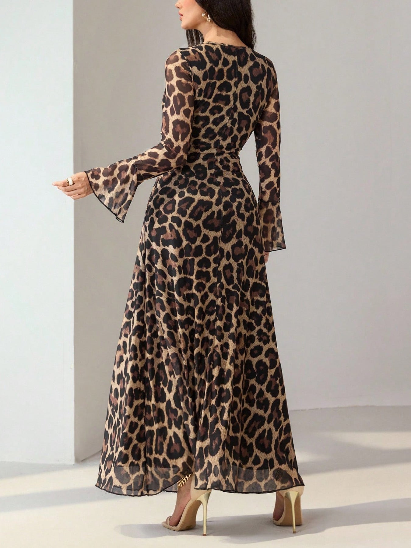 Leopard Print Flare Sleeve Maxi Dress